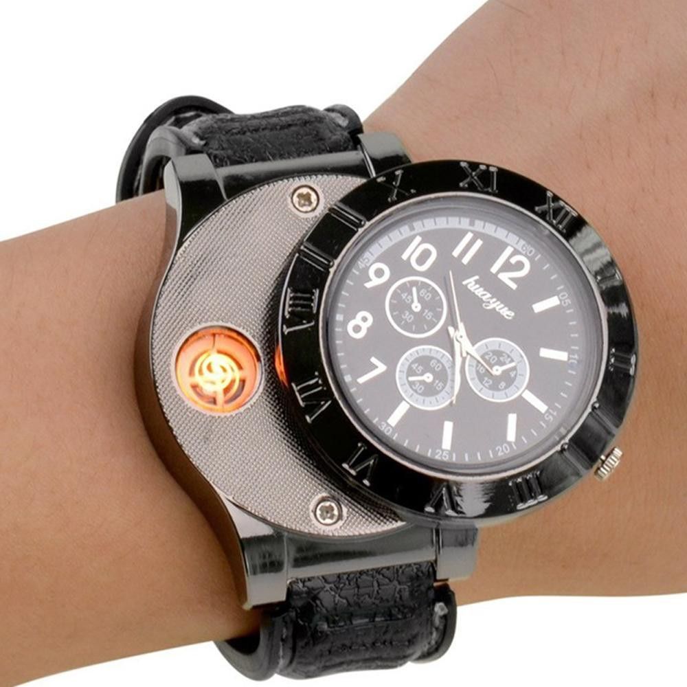 Ala Flame METAL Premium Black USB Windproof Cigarette USB Charged Lighter Watch Smoking Flameless Rechargeable Wrist Watch With Lighter new innovative Cigarette Lighter-image-25