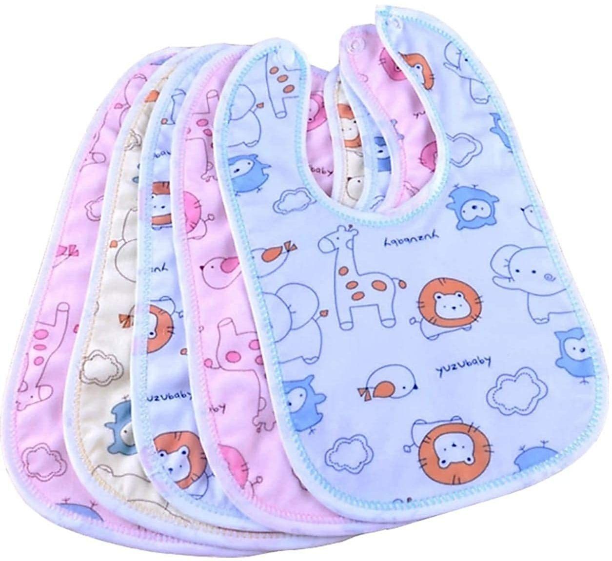 Baby Button Bibs Apron for Feeding and Drooling Cute Animated Print with Tich Button Double Layered Waterproof (Pack of 5)