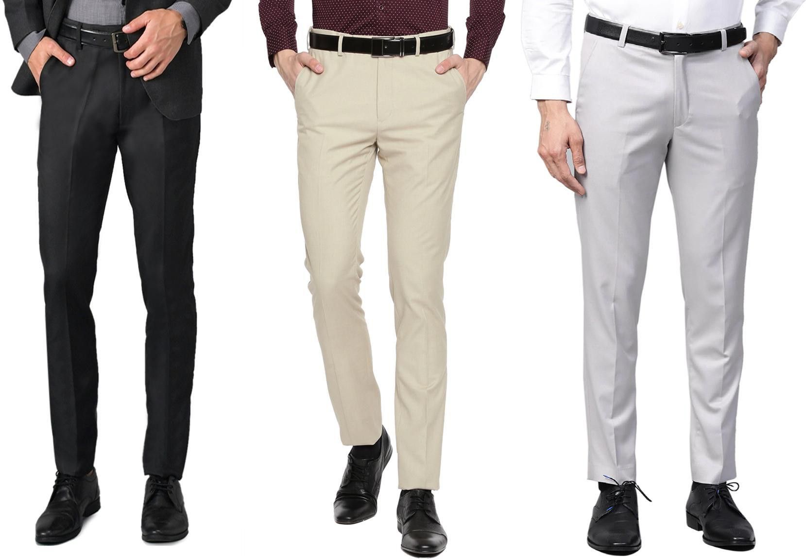 Pack of 3 Men Regular Fit Black, Cream, Grey Cotton Blend Trousers