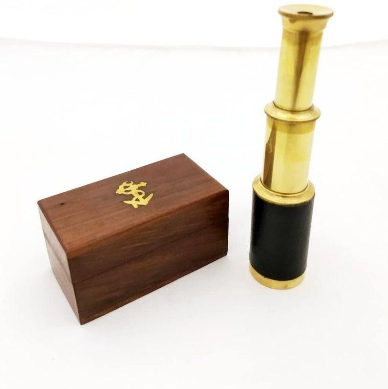 Ascent India Brass shiny Pocket Telescope leather grip Wood Box Marine Gift Telescope-image-25