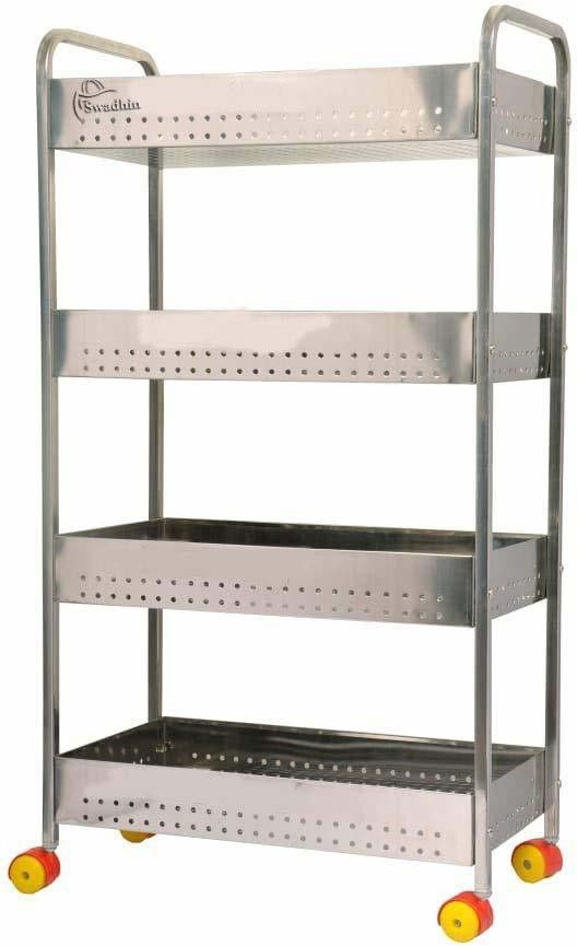 4 Layer Stainless Steel Folding Perforated Trolley Portable Modern Storage Rack Design Fruits & Vegetable Cutlery Spice Pickles Jars Organizer Holder Stand Stainless Steel Kitchen Trolley-image-12