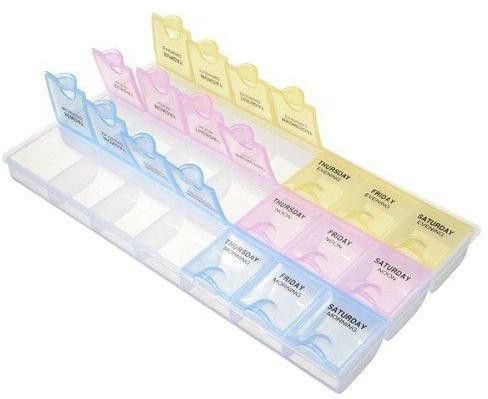 Cells with daily detail caps makes it easy to dispense tablets. You can see through colored cover for easy viewing. It helps to keep track of the medication you take at different times of the day. You can store 03 weeks/21 days of tablets in this box. You can see pill box pills pastel colored tablets easily at it. package includes: 1 x pill box colour: As shown in image. Pill Medicine Organizer Reminder Storage Box for 7 Days, 3 Layer Pillbox Pill Box-image-0