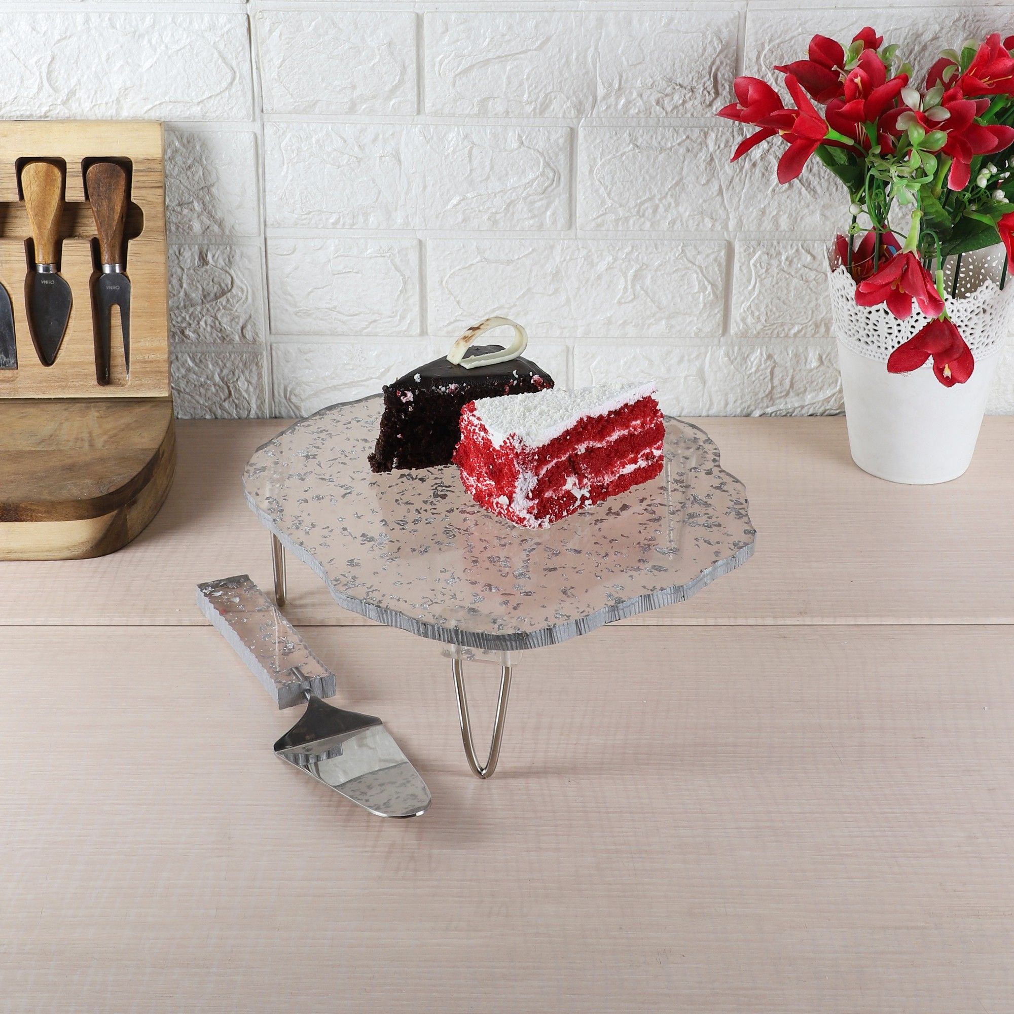 Silver Flex Cake Platter with Server Silicone, Steel Cake Server-image-28