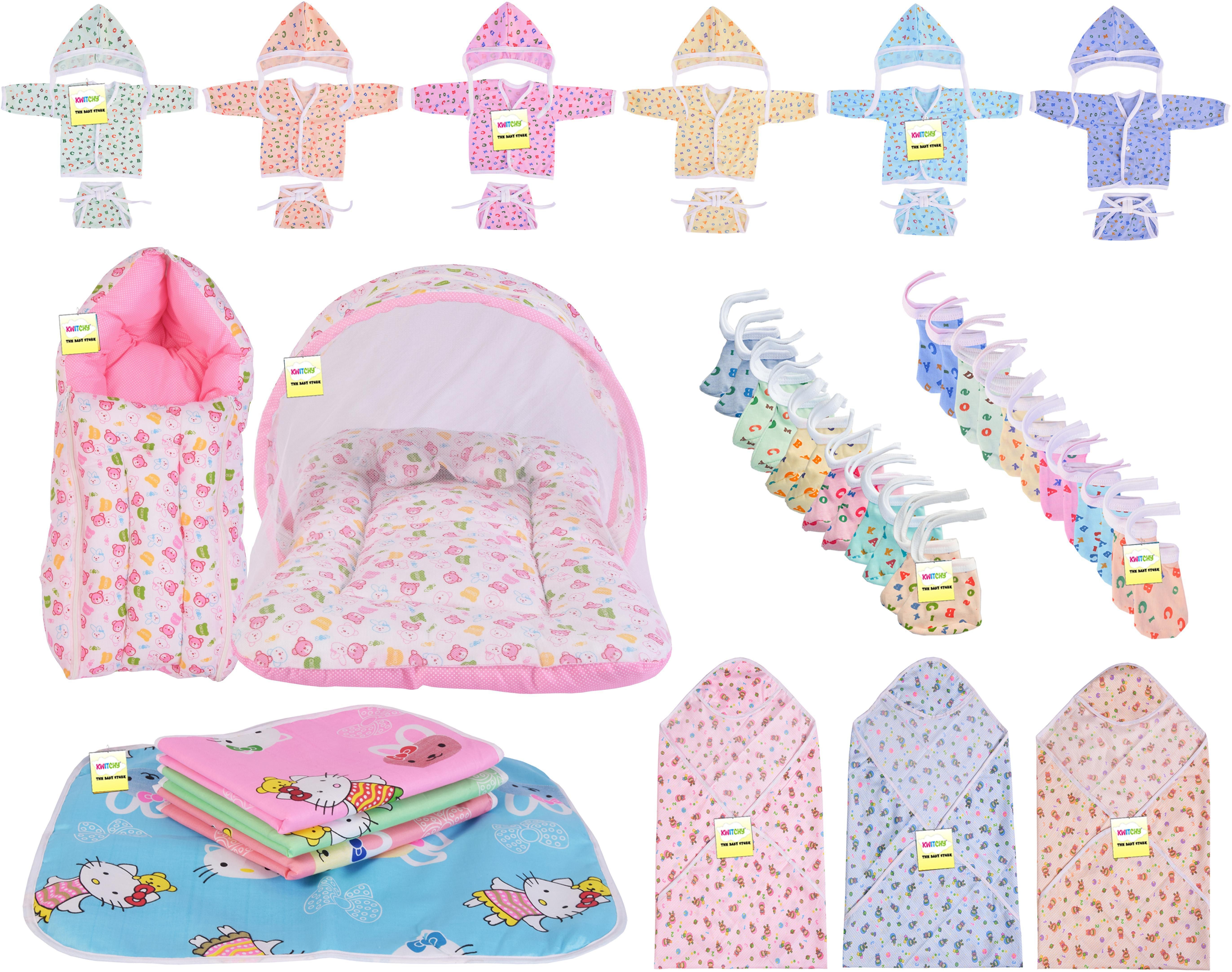 New Born Baby Mosquito Net Bed with Cushioned Pillow and 6 Baby Front Open Hosiery Cotton Shirts,6 Baby Tying Caps,6 Baby Single Layer Nappies-image-7