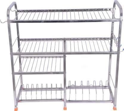 Utensil Kitchen Rack Stainless Steel 4 Shelf Wall Mount Kitchen Utensils Rack | Dish Rack with Plate & Cutlery Stand | Modular Kitchen Storage Rack | Kitchen Organizer (24 x 24inches) Steel-image-48