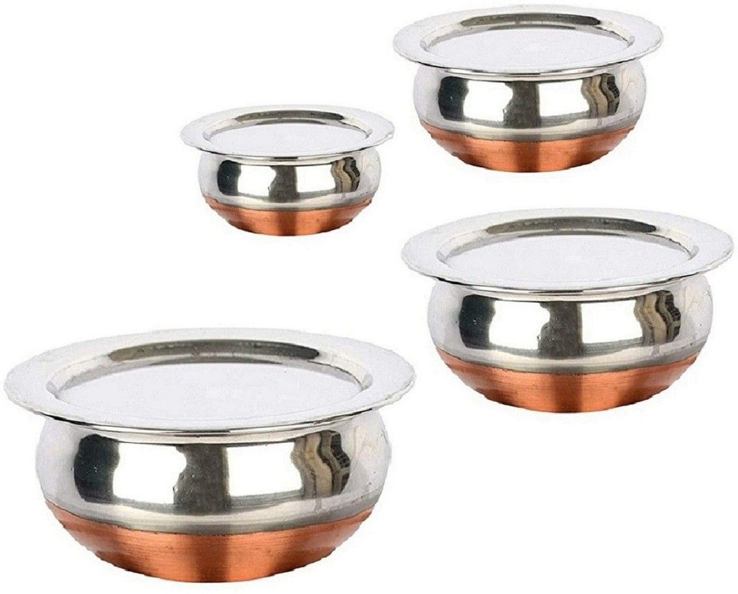 Stainless Steel Storage Bowl serving Handi/tableware/storage containers/bakeware/ dinner set/ kitchen set steel item for home appliances and kitchen serving cooking combo set with lid/cover/dhakkan/ storage container copper handi /URLI set fruit and salad bowl Cookware set Stainless Steel Handi Set Copper Bottom handi set of 5 Cookware/ Container/pot pan/patila/bhagona/Serving bowl/biryani cook & serve Set With Lids (Stainless Steel, Copper, Bottom) Stainless Steel Serving Bowl-image-17