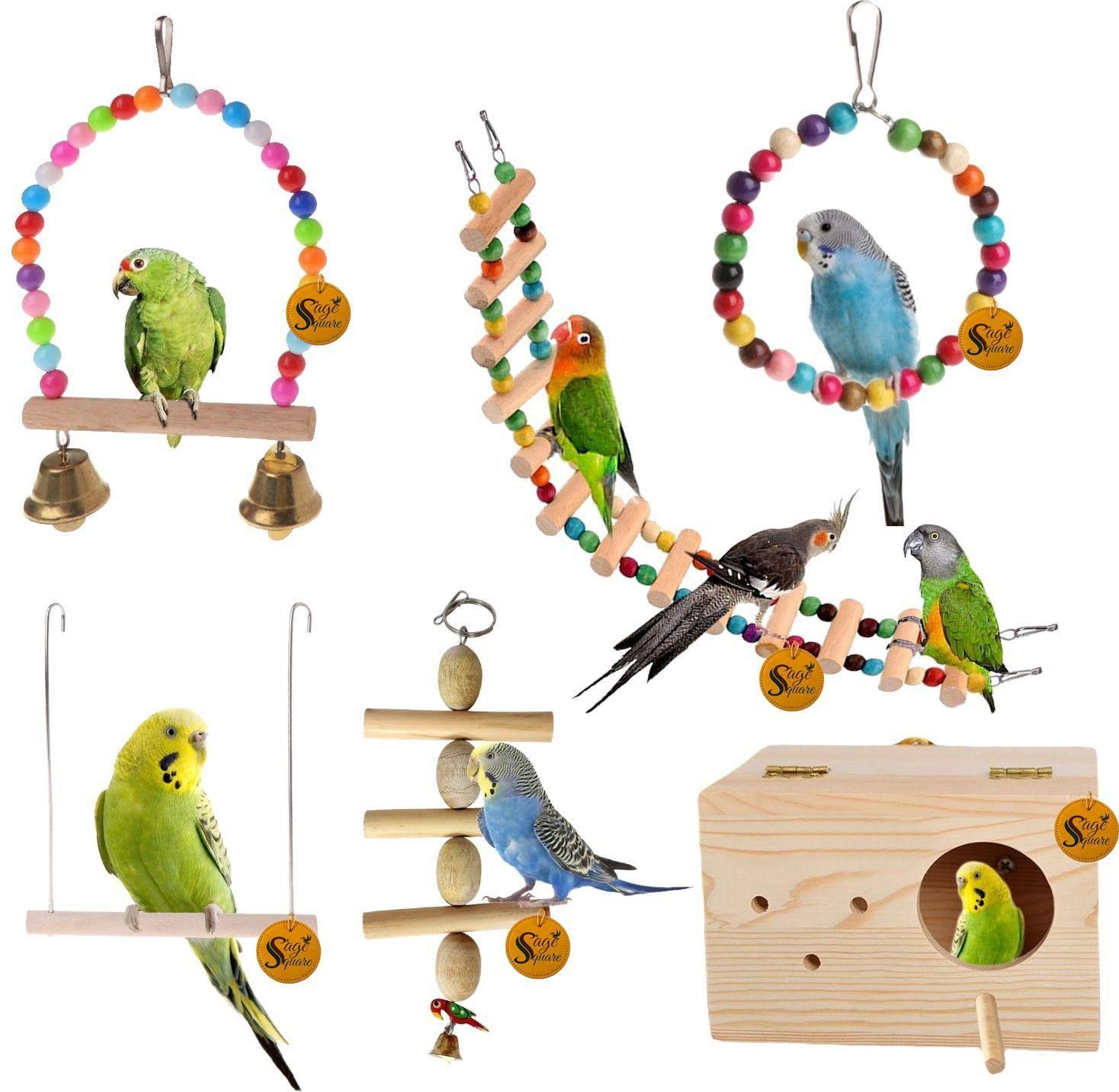 sage square Wooden Bird Toys Combo | Breeding Box, Ladder, Swing, Hanging Cage Accessory | For Budgie, Parrot, Cockatiel, Parakeet, Conure, Macaw etc Wooden Training Aid, Stick, Perch For Bird-picture-38
