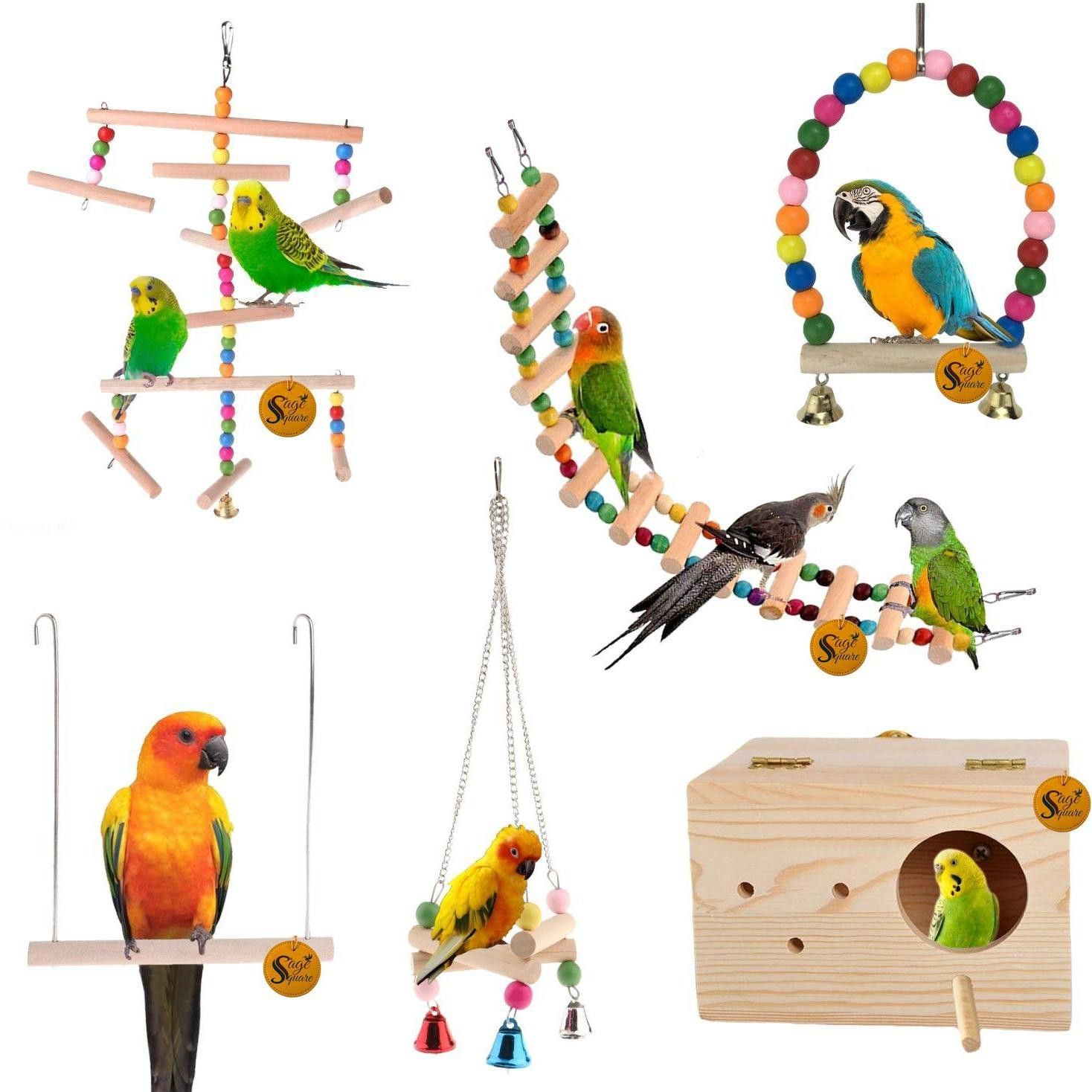 sage square Wooden Bird Toys Combo | Ladder, Breeding Box, Swing, Hanging Cage Accessory | For Budgie, Parrot, Cockatiel, Parakeet, Conure, Macaw etc Wooden Training Aid, Stick, Perch For Bird-picture-33