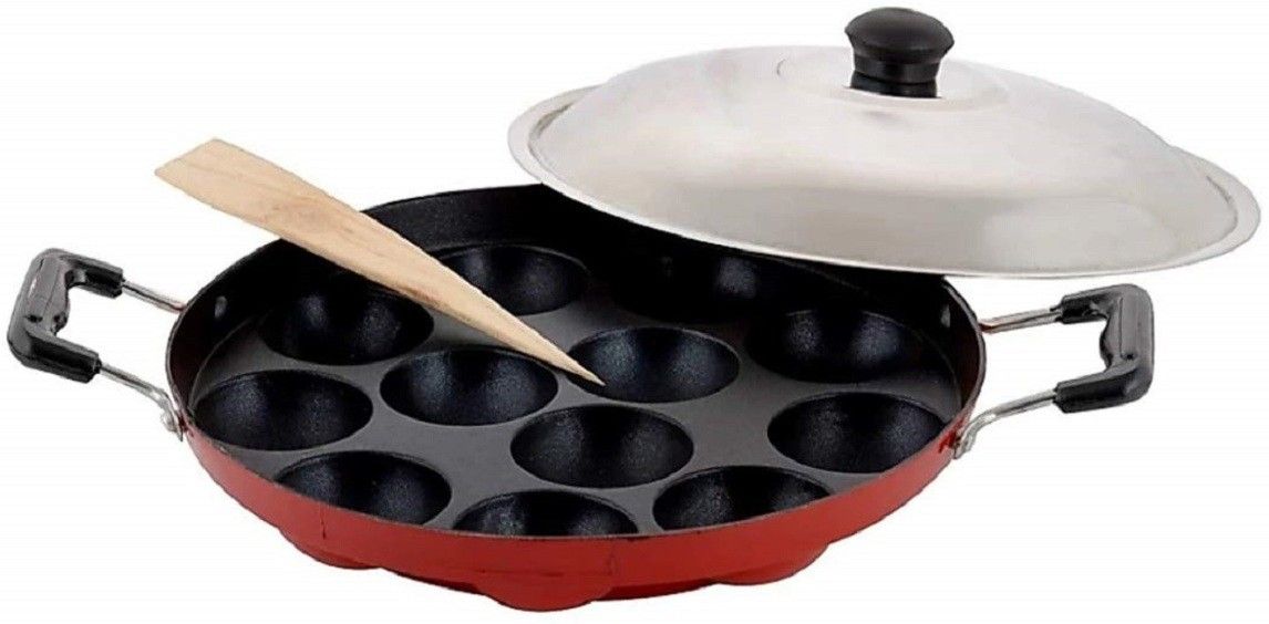 seree 12 Cavities Non Stick Appam Patra with Lid,Red (Paniyarrakal/Paniyaram/Appam Pan/Maker/Pan Cake Maker) Paniarakkal with Lid 1 L capacity 24 cm diameter-picture-14
