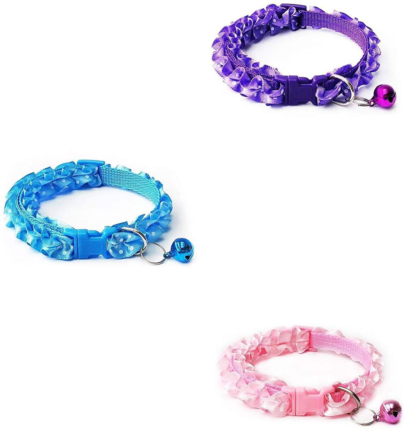 Litvibes Cat collars breakaway with bell & frill design,Kitten & small dogs soft adjustable,safe,solid & protection for cats &puppies,cute kitty neckband with Frill design-Set of 3( Blue,Pink,Purple) Cat Break Away Collar-picture-11