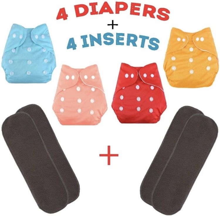 All In One Trendy Look Reusable Adjustable Washable Multicolour Cloth Button Diaper Nappy For Baby New Born To 2 Year (4 Diaper+4 Insert)-image-1