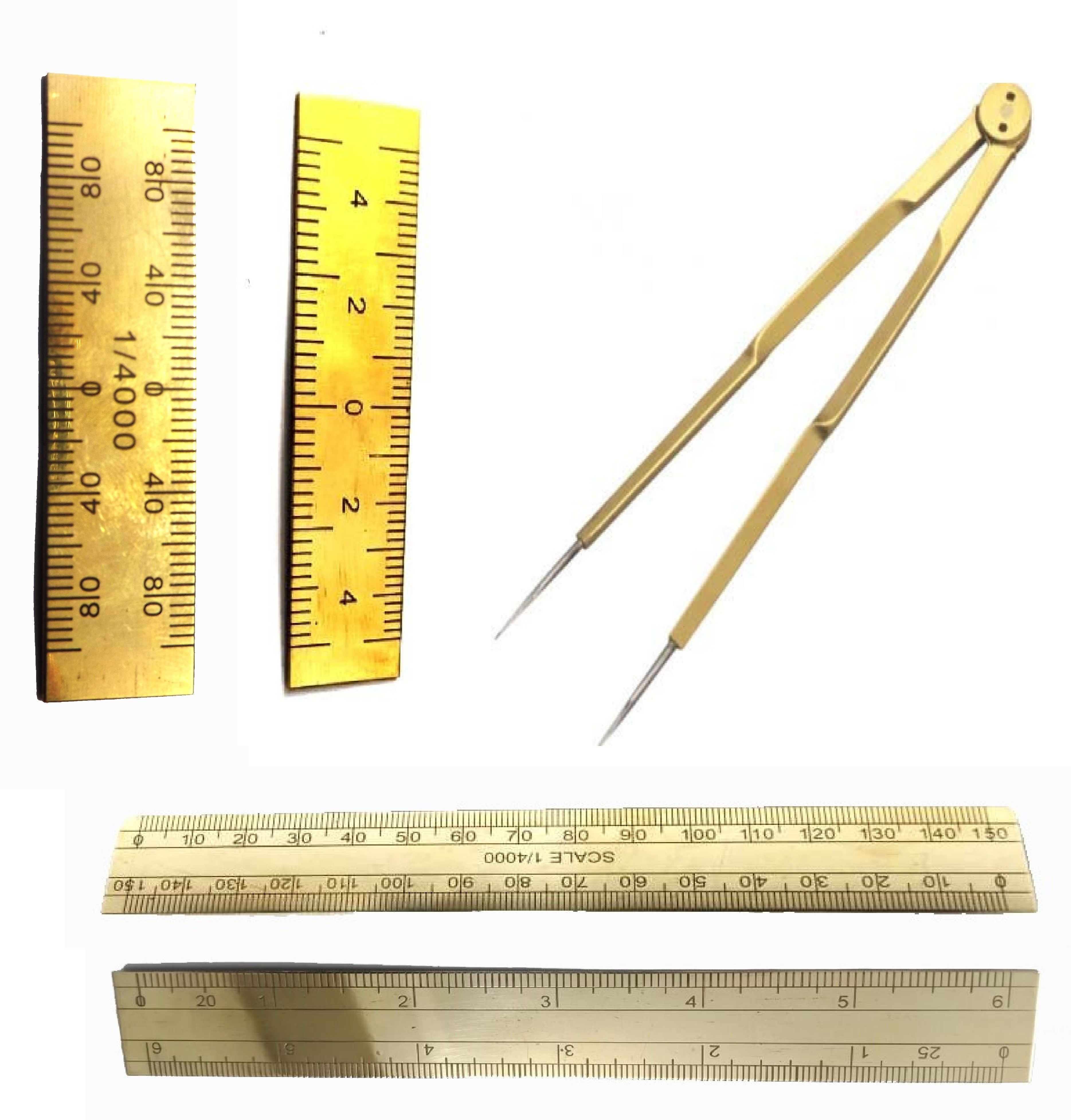 Patwari Brass Scale kit Parts 2 Set of Guniya,2 Set 6 inch Scale 6 inch divider Ruler