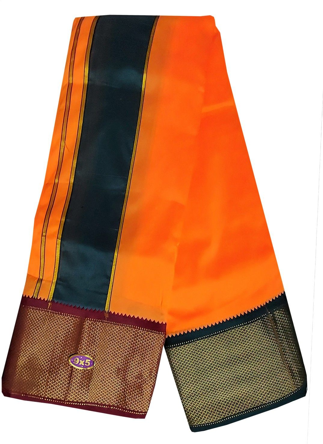 Prakasam Cotton Art Silk Men's fluorescent Orange Panchakacham (9x5) dhoti and towel set Solid Men Dhoti-picture-12