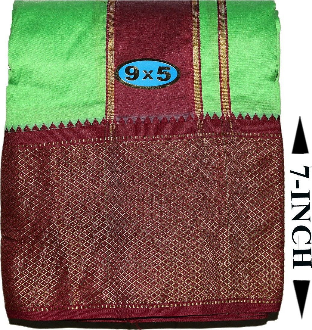 Prakasam Cotton Art Silk Men Parrot green Panchakacham(9x5)dhoti & towel set(both attached) Solid Men Dhoti-picture-10