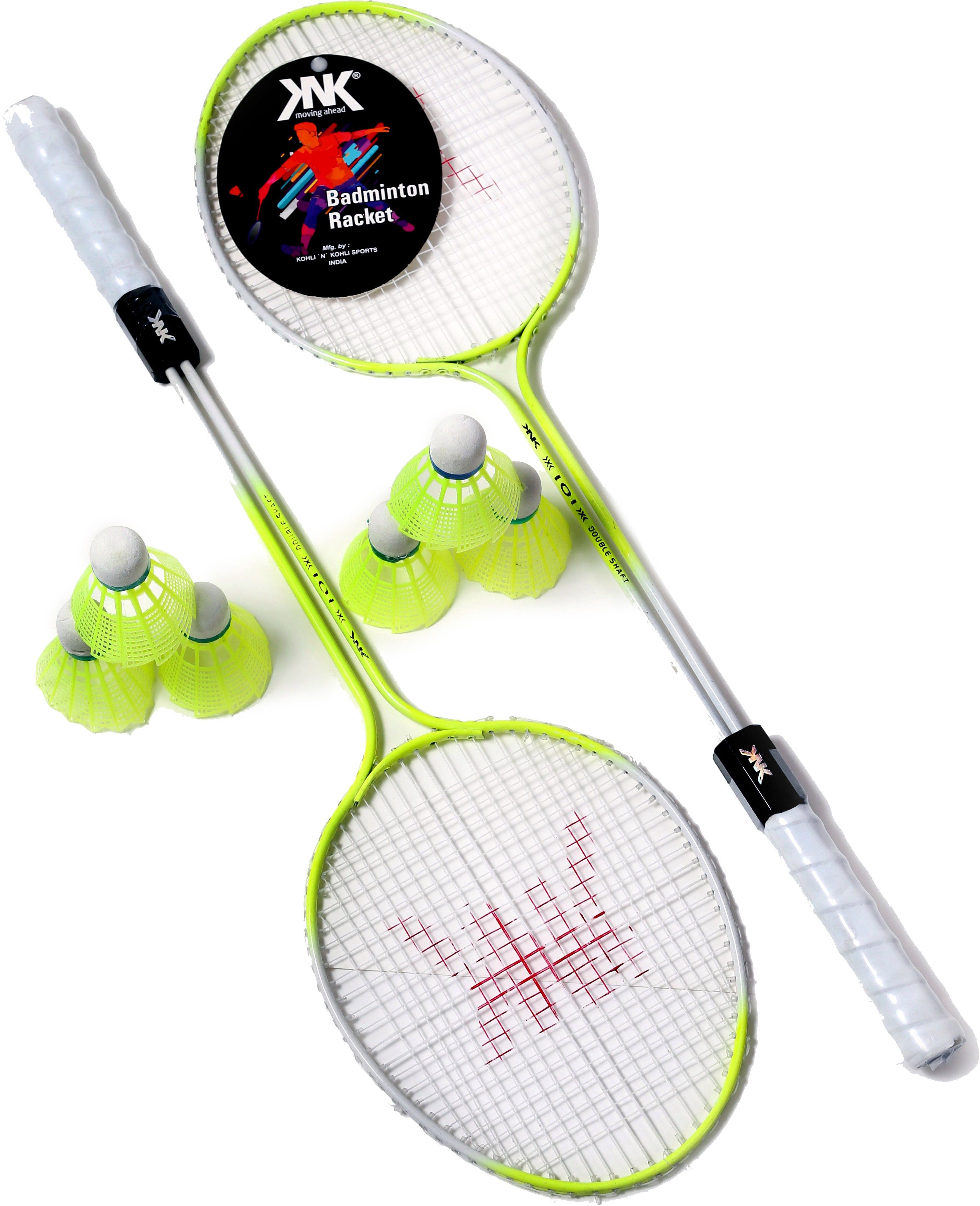 Double Shaft Florescentv Racket Pack Of 2 With 6 Piece Plastic Shuttles Badminton Kit