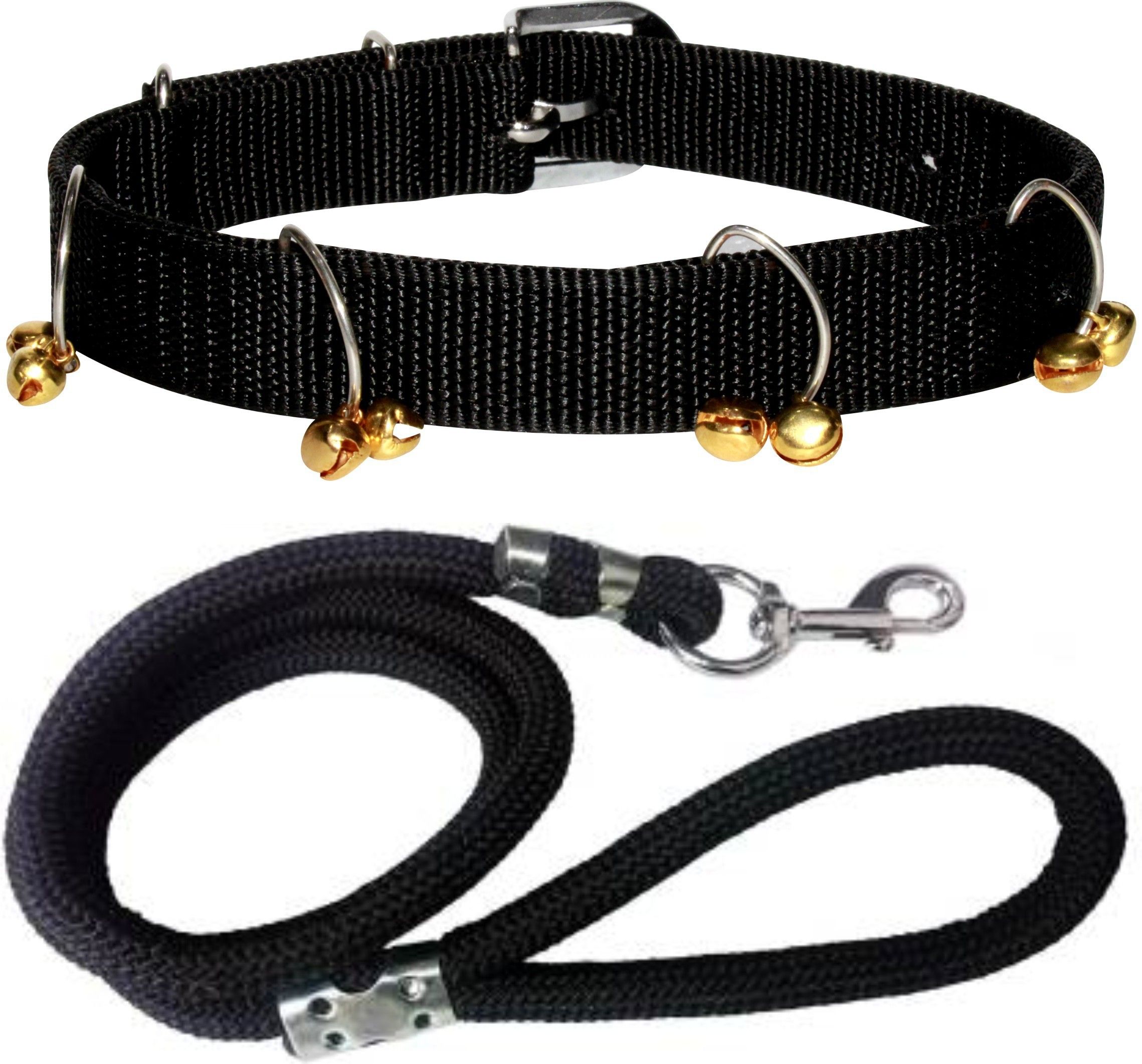 Dog Belt Combo of Black Ghungroo Collar with Black Lead 1.5m Lengthy Dog Collar & Leash