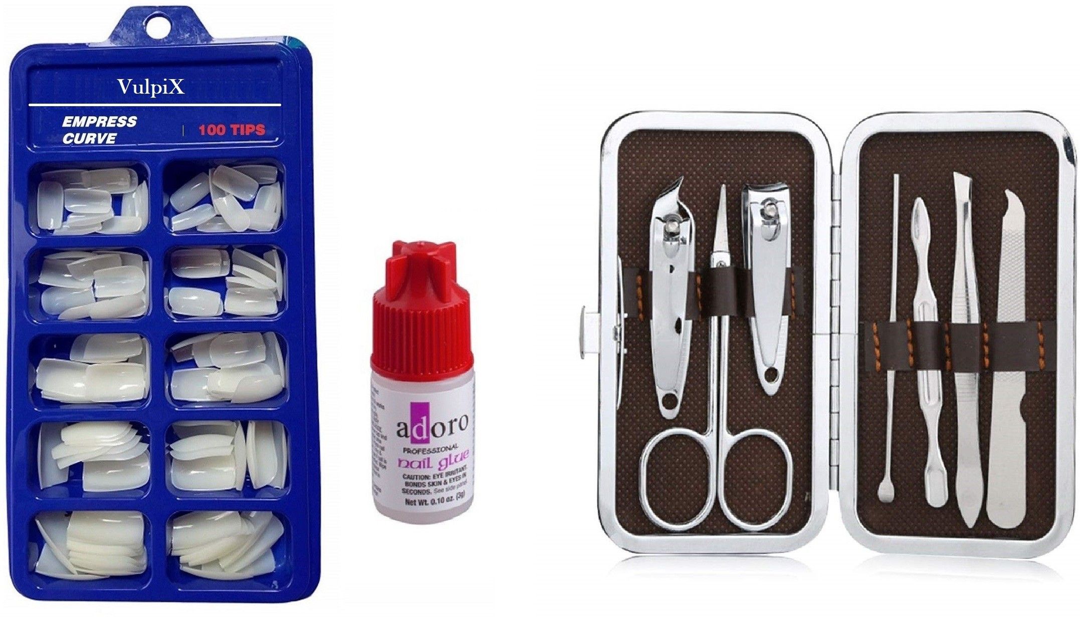 Reusable 100 TIps Artificial Nails with glue & Stainless Steel 7in1 Manicure Tool kit