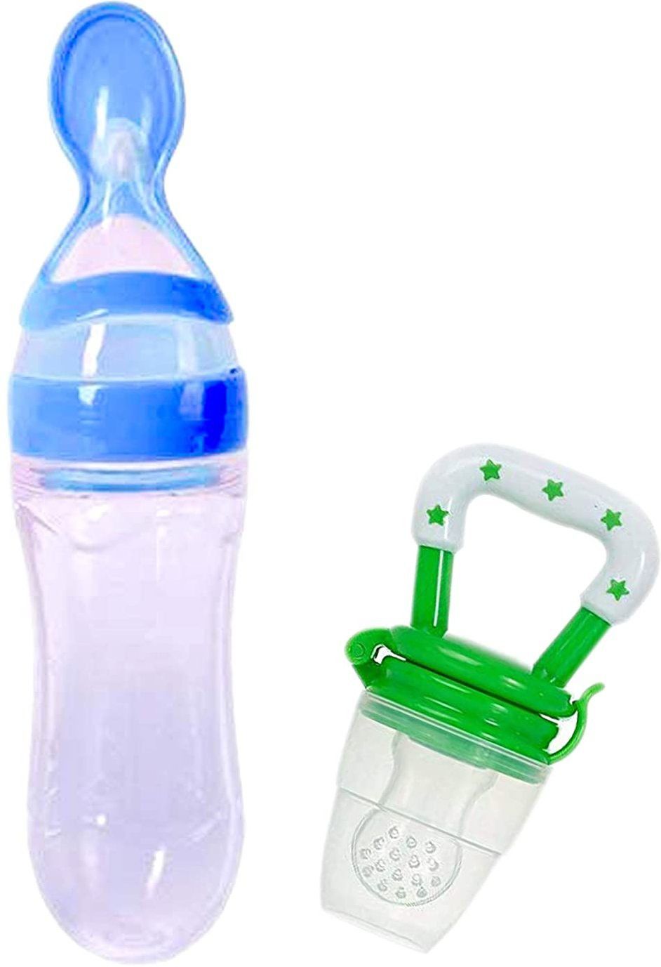 Baby Infant Squeezy Food Grade Silicone Bottle Feeder & Silicone Food Fruit Pacifier/Nibbler/Soother for Babies/Kids/Children (Squeezy Feeder 'Blue' + Pacifier 'Green'') (Pack of 2) Soother