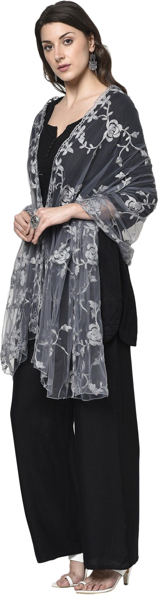 Net Embroidered Grey Women Dupatta-image-42