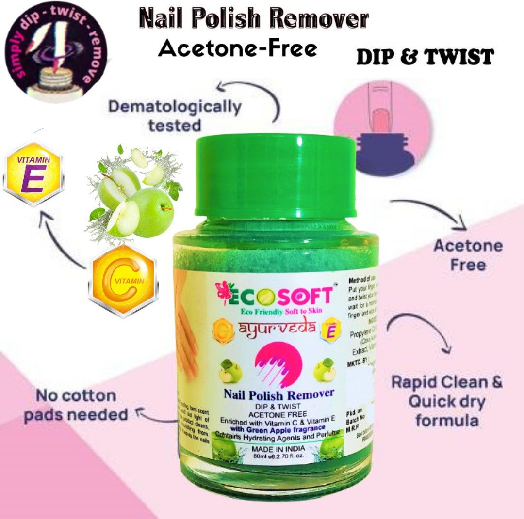 ecosoft ayurveda Premium Instant Nail Polish Remover! Dip & Twist! - Acetone Free, Enriched with Vitamin C or Vitamin E with Green Apple Fragrance. Contains Hydrating Agents & Perfume.-picture-10