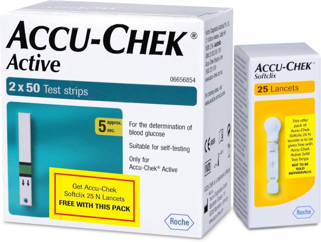 ACCU-CHEK Active 100 (50x2) Strip with Softlix Lancet 25's pack 100 Glucometer Strips-image-49