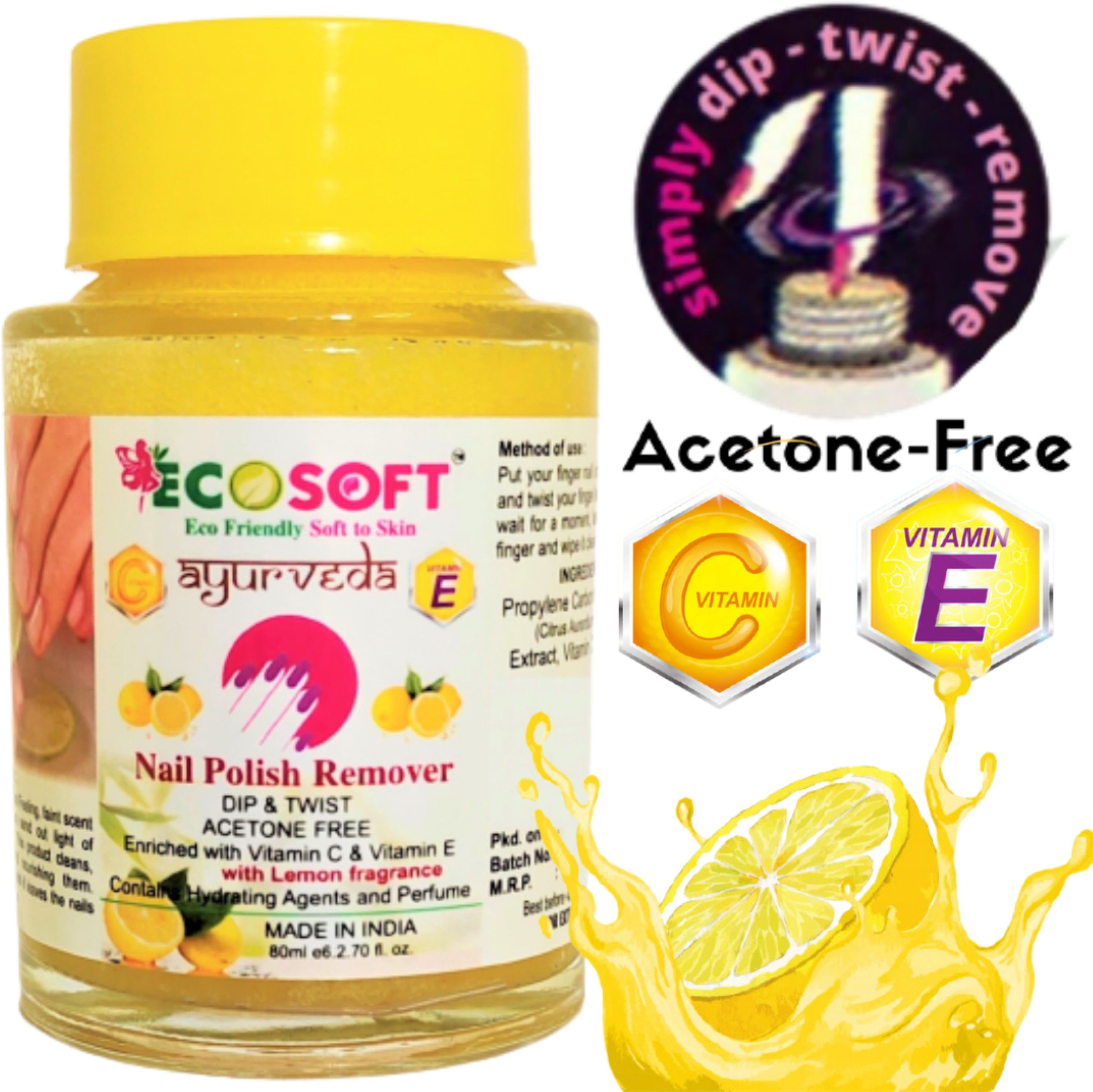 ecosoft ayurveda New Premium- Nail Polish Remover Nail Polish! Dip & Twist Instant! Remover - Acetone Free, Enriched with Vitamin C or Vitamin E with Lemon Fragrance. Contains Hydrating Agents & Perfume.-picture-35