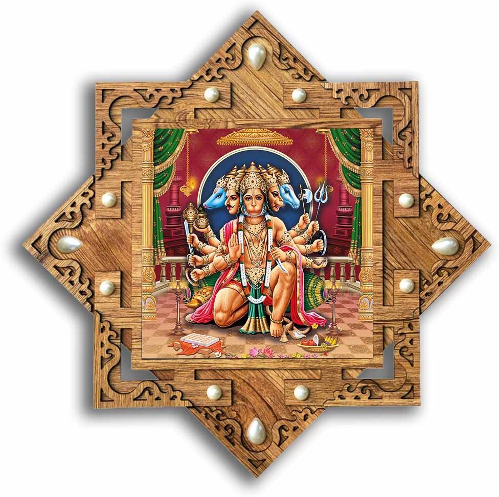 Poster And Frame Star Shaped Panch Mukhi Hanuman Wooden Photo Frame | D�cor Item Digital Reprint 16.5 inch x 16.5 inch Painting-image-1
