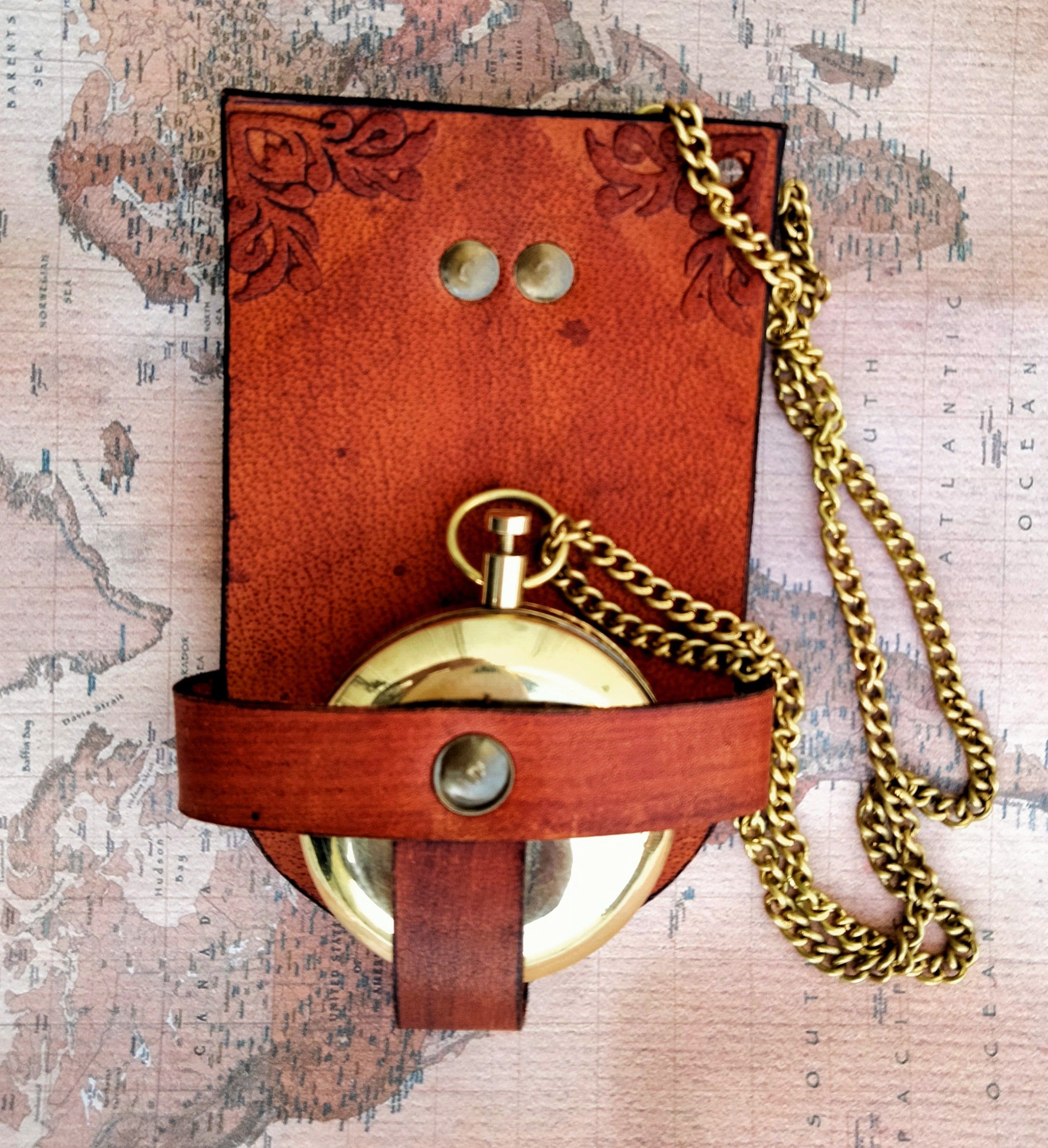 ascent india Brass push button lid compass pocket with Leather Holder Nautical style Compass-picture-20