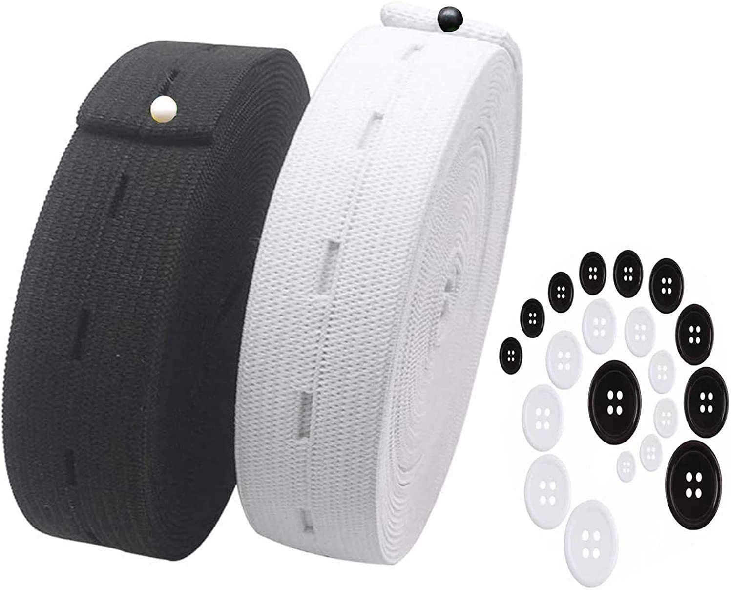 3/4-Inch Elastic Flatback Black and White Sewing Bands Spool with Buttonhole Elastic Flat Elastic Cord with10pcs Buttons Elastic 5 MTR White 5 Mtr Blk Nylon Ribbed Sewing Belt-image-22
