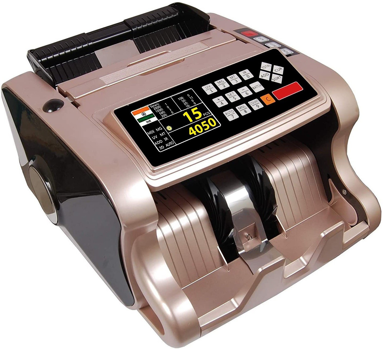 Drop2Kart Mix Value BillCounter with RGB LCD Display, UV/MG/MT/IR Fake-Note Sensors, Counts All Indian Currency, External LED Display Note Counting Machine image 1