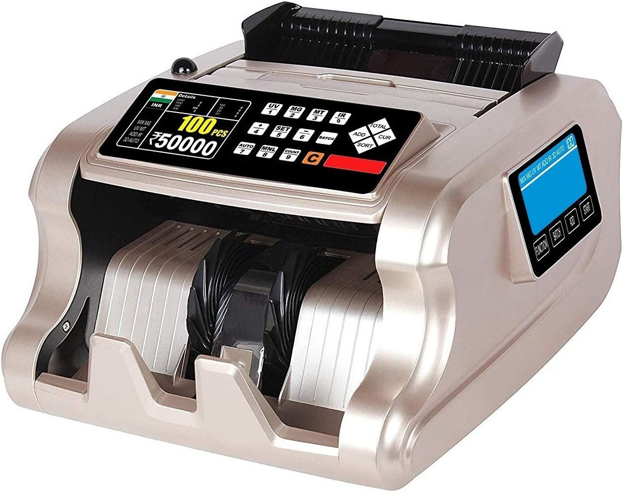 Drop2Kart Mix Value BillCounter - Automatic Counts All Indian Currency, RGB LCD Display, UV/MG/MT/IR Fake-Note Sensors, External LED Display Note Counting Machine image 1