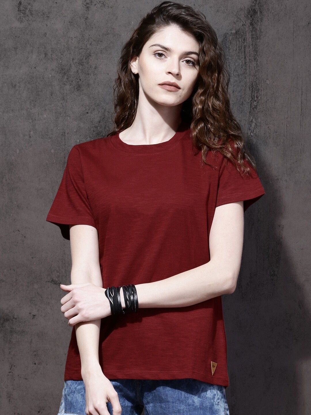 Women Solid Round Neck Pure Cotton Maroon T-Shirt-image-19