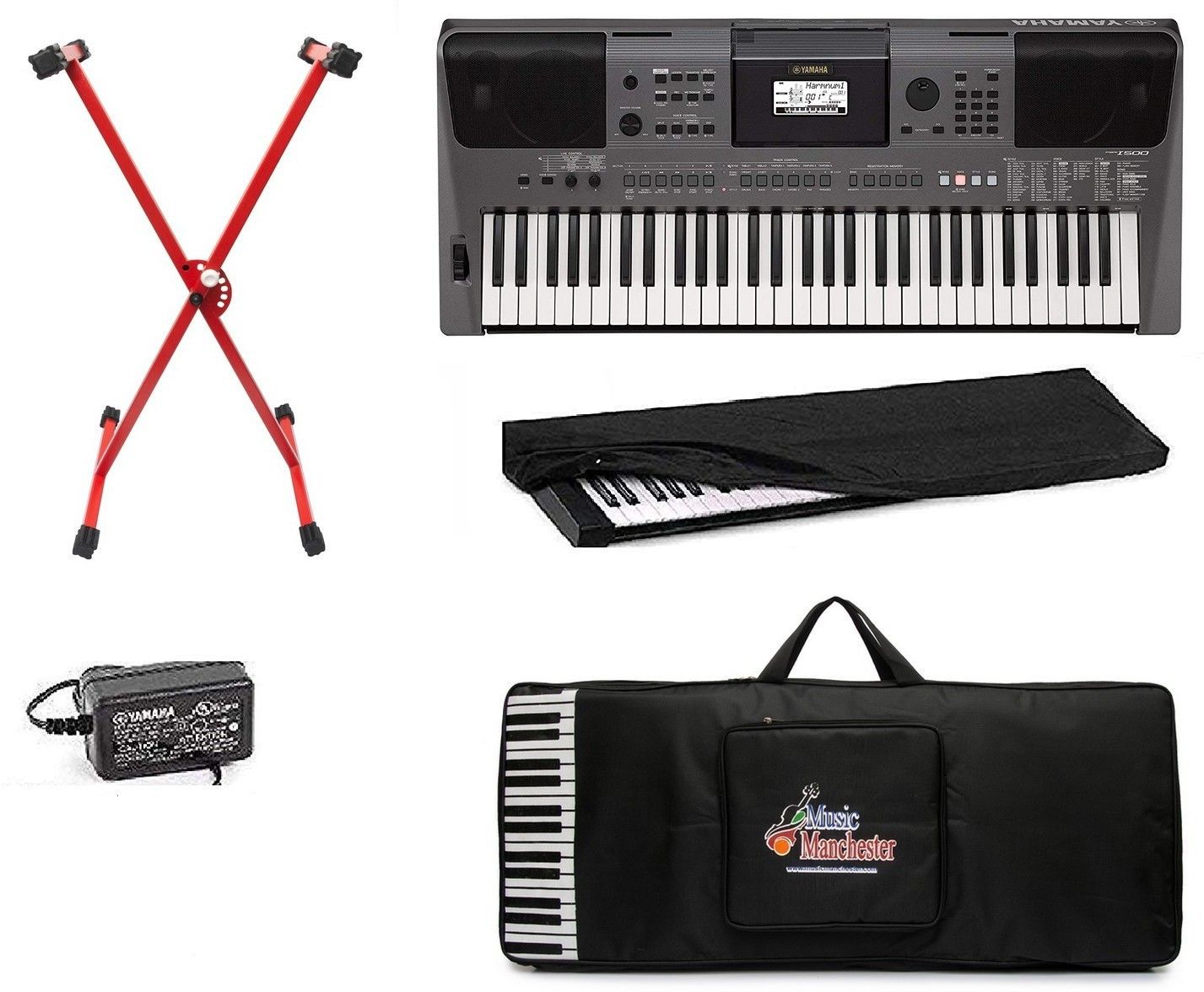 500 PSR-I500, 61 Keys keyboard with free adapter, black carry bag, dust cover and red stand combo pack Digital Portable Keyboard
