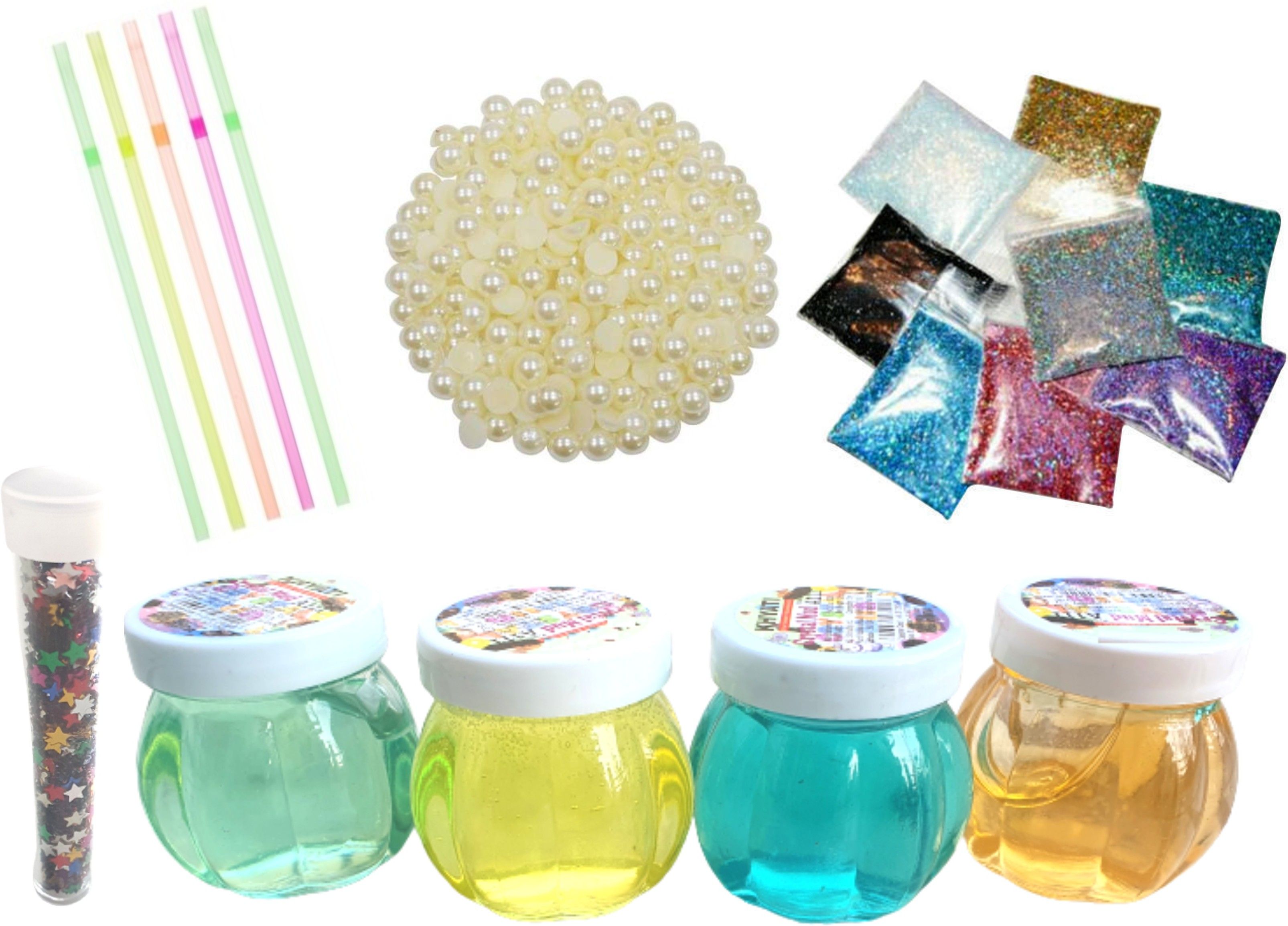 Set of 4 Multicolor Scented Crystal Slime /Non-Sticky Slime Putty / Crystal Mud with 1 Glitter tube, 10 Glitter pouches, 5 Straws and 200 pcs of Half Cut Pearls/ Beads/ Moti-image-25