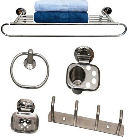 Complete Bathroom Set 5pcs (Towel Rack-24",Toothbrush Holder,Towel Ring, Soap Dish,Hook Rail 4 pins) Silver Towel Holder