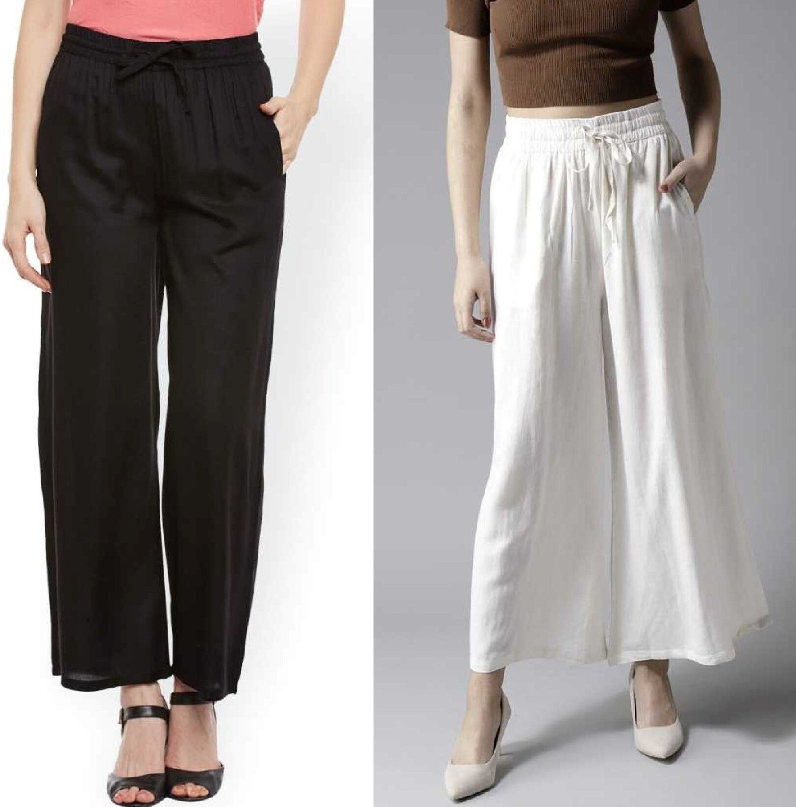 rangkriti Pack of 2 Women Regular Fit Black, White Viscose Rayon Trousers-picture-14