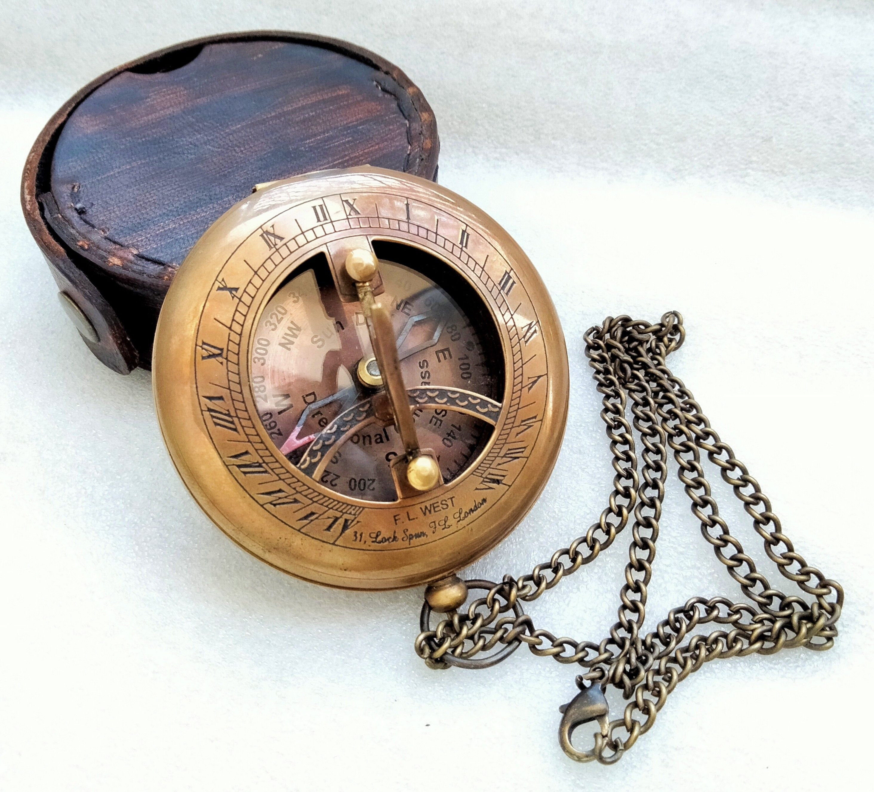 ascent india Antique Style Brass Sundial Compass Sun clock chain with Leather Round Cover Compass-picture-26