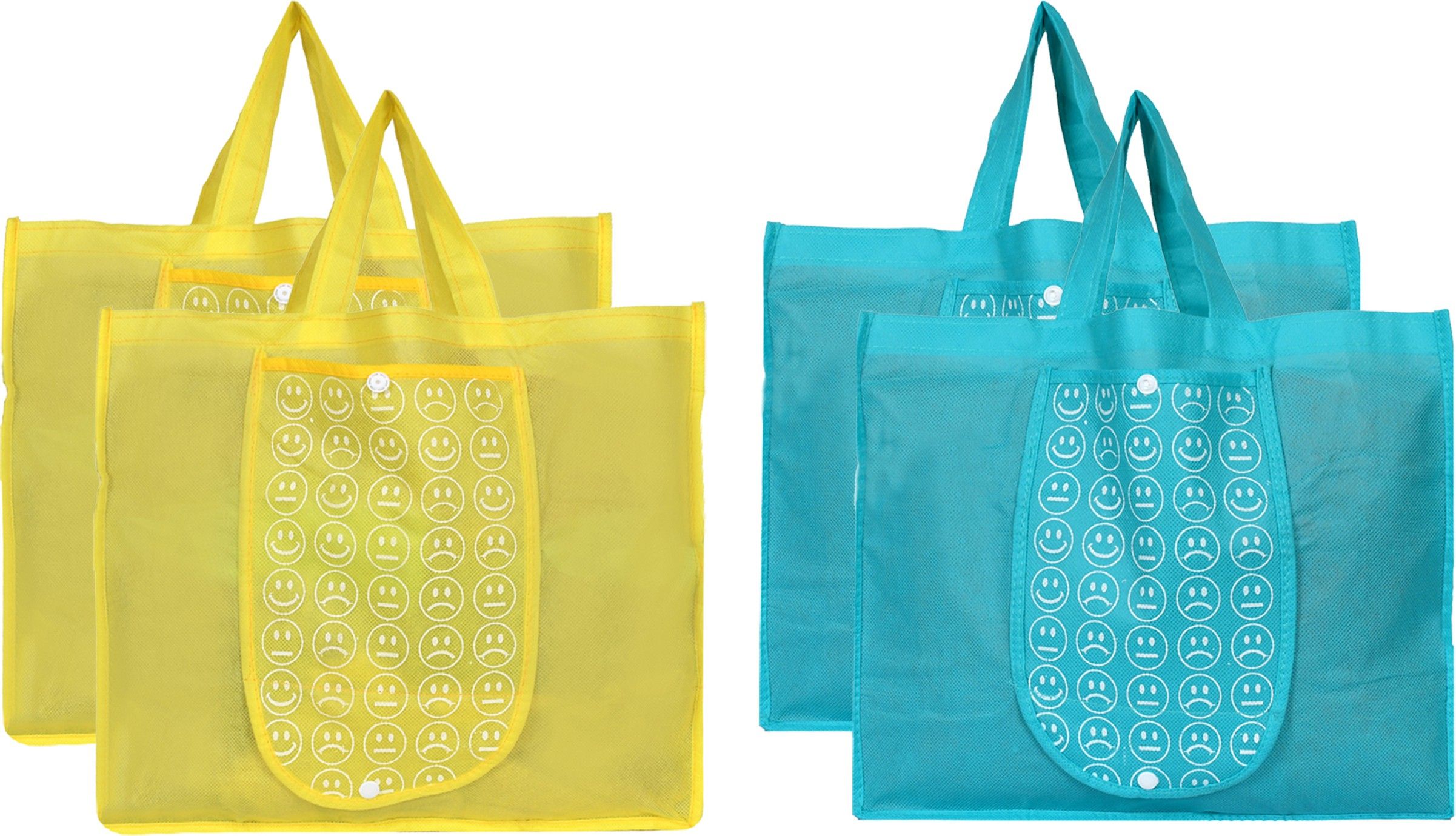 kuber industries Shopping Grocery Bags Foldable, Washable Grocery Tote Bag with One Small Pocket, Eco-Friendly Purse Bag Fits in Pocket Waterproof & Lightweight (Set Of 4,Yellow & Blue) Pack of 4 Grocery Bags-picture-12