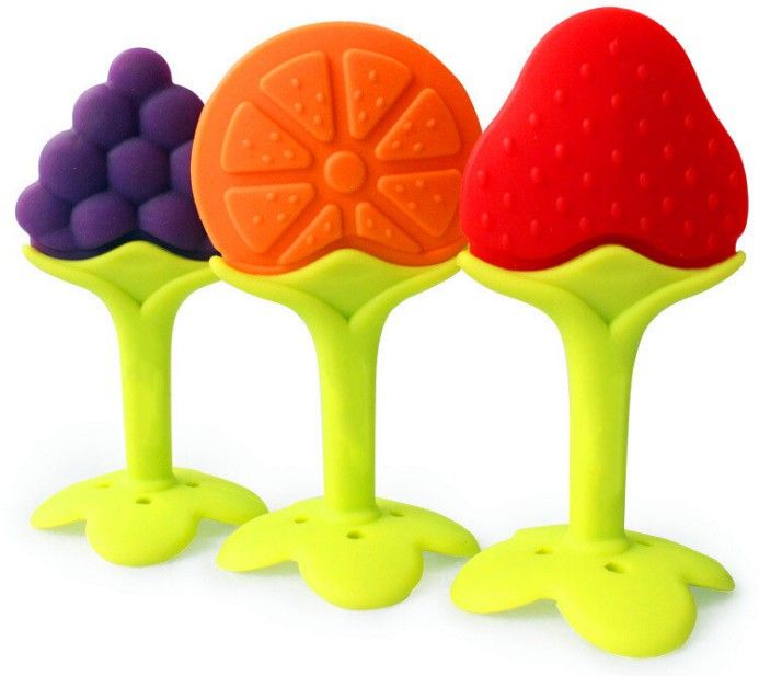 New Fruit Shape Baby Teether Baby Dental Care Strengthening Tooth Training Baby Teething Toys Food Grade Silicone Teether - Pack of 3 Teether-image-2