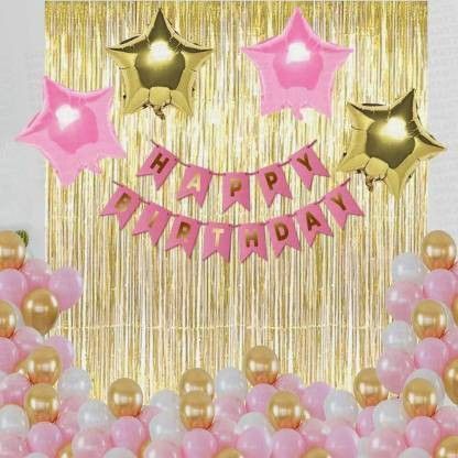 realistic store Solid Birthday Decoration Kit for Girls - 37Pcs Pink, White Golden Metallic Birthday balloons for Girls Decoration, Golden Foil Curtain, Pink Happy Birthday Banner/Birthday Decoration Combo Set Balloon-picture-16