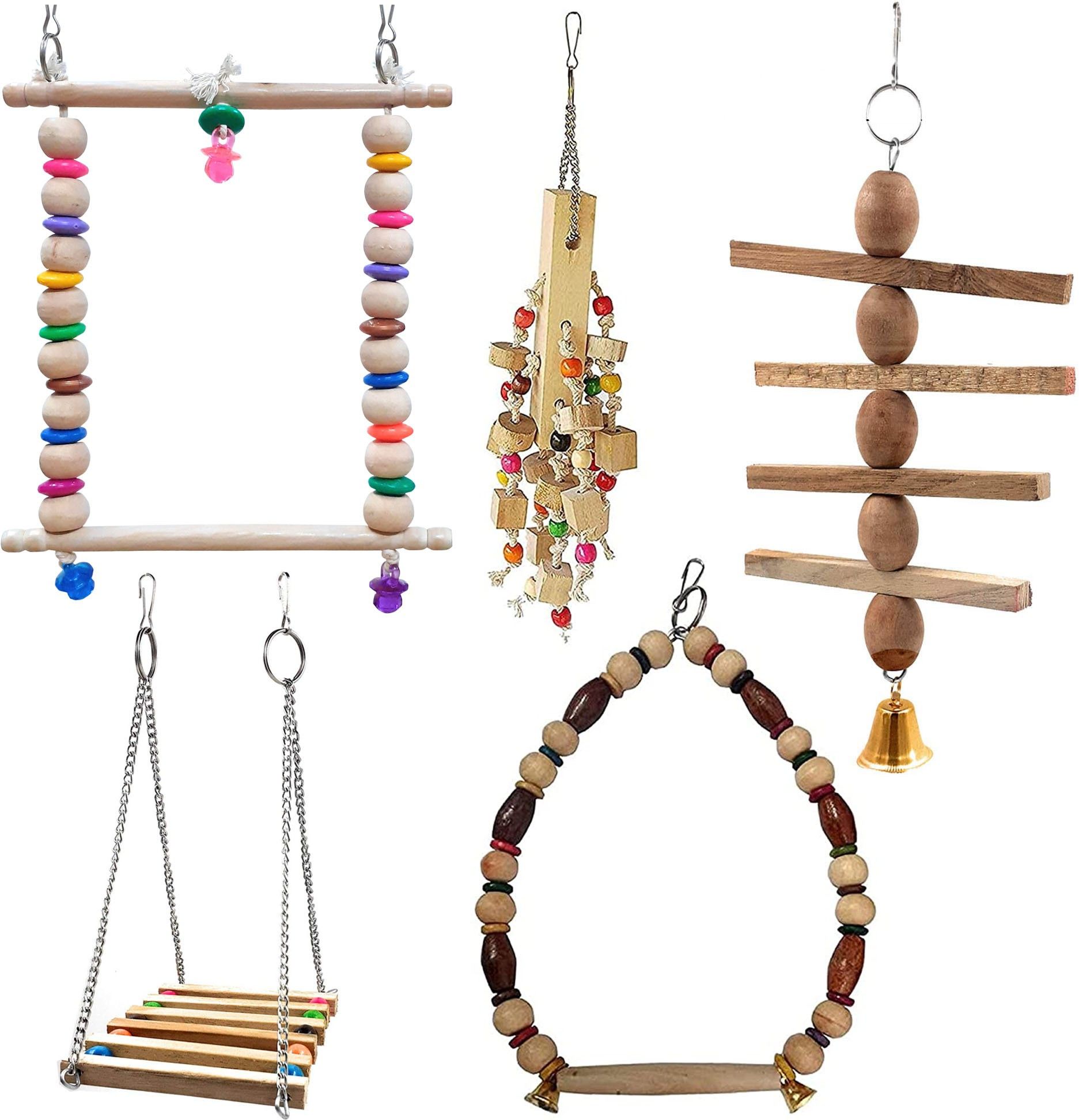 Bird toy Parrot Chewing Toys-Hanging Bell Bird Cage Toys Combo of 5 Bird chew toy Wooden, Plastic, Cotton Chew Toy, Perch For Bird