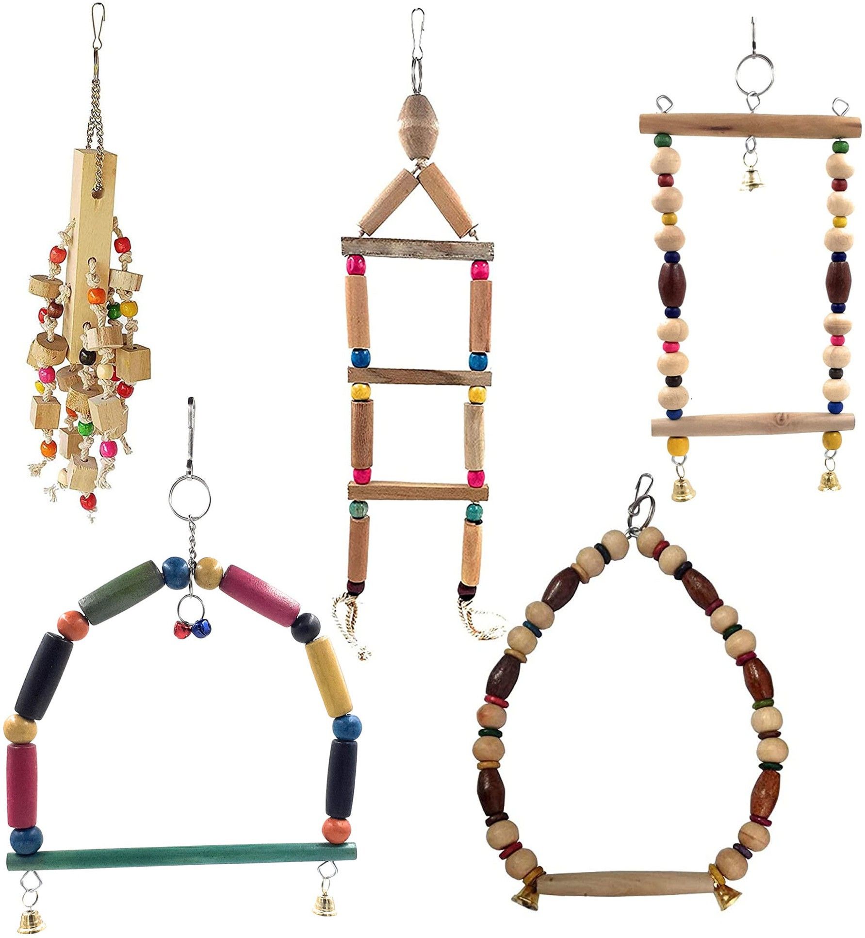 jainsons pet products Bird toy Parrot Chewing Toys-Hanging Bell Bird Cage Toys Combo of 5 Bird chew toy Wooden, Cotton Chew Toy, Perch For Bird-picture-2