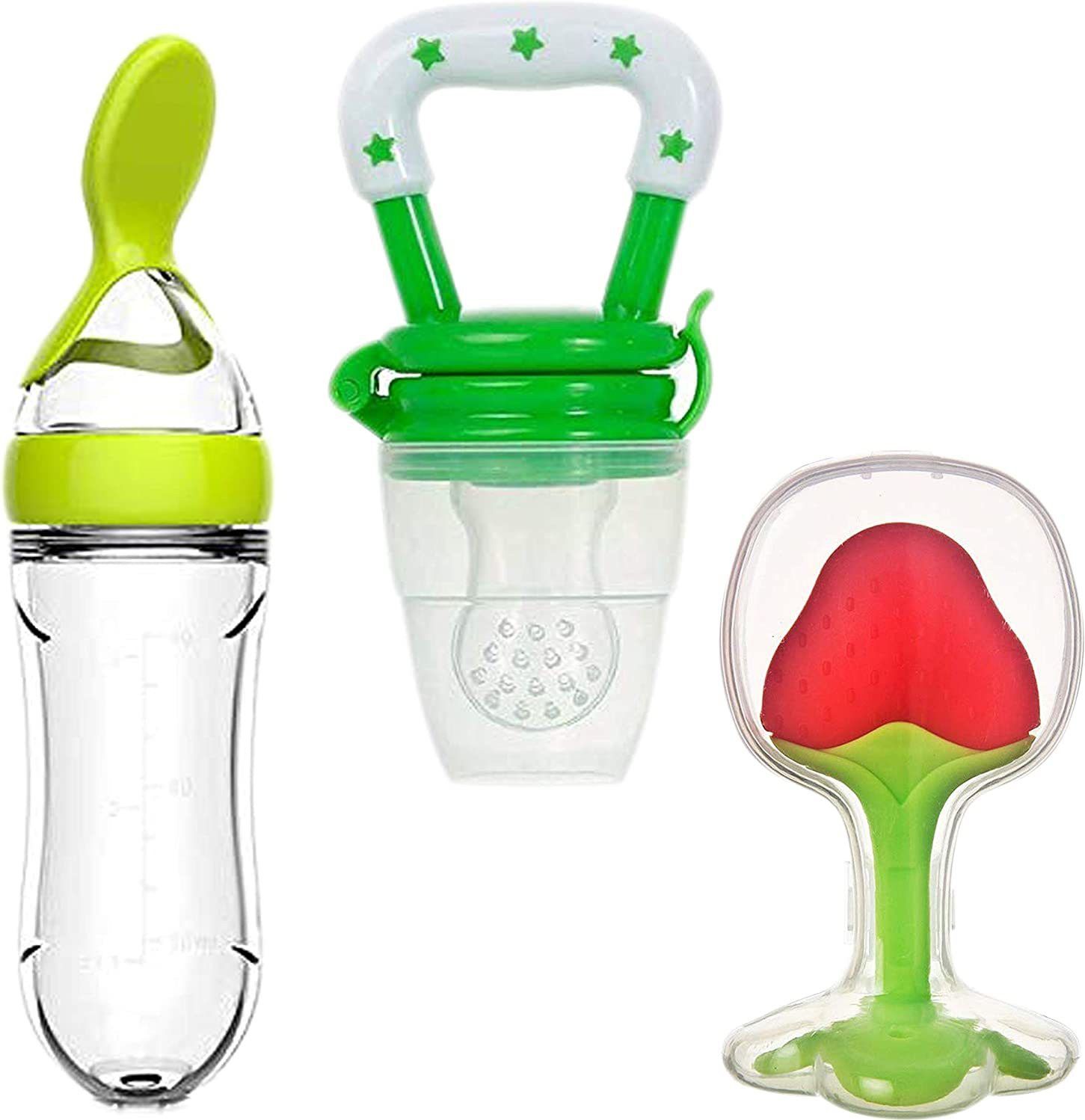 Baby Cereal Rice Paste Squeeze Feeding Milk Bottle Food Feeder & Baby Fruit Nibbler Soother & Silicone Teether (Combo Pack)- Silicone
