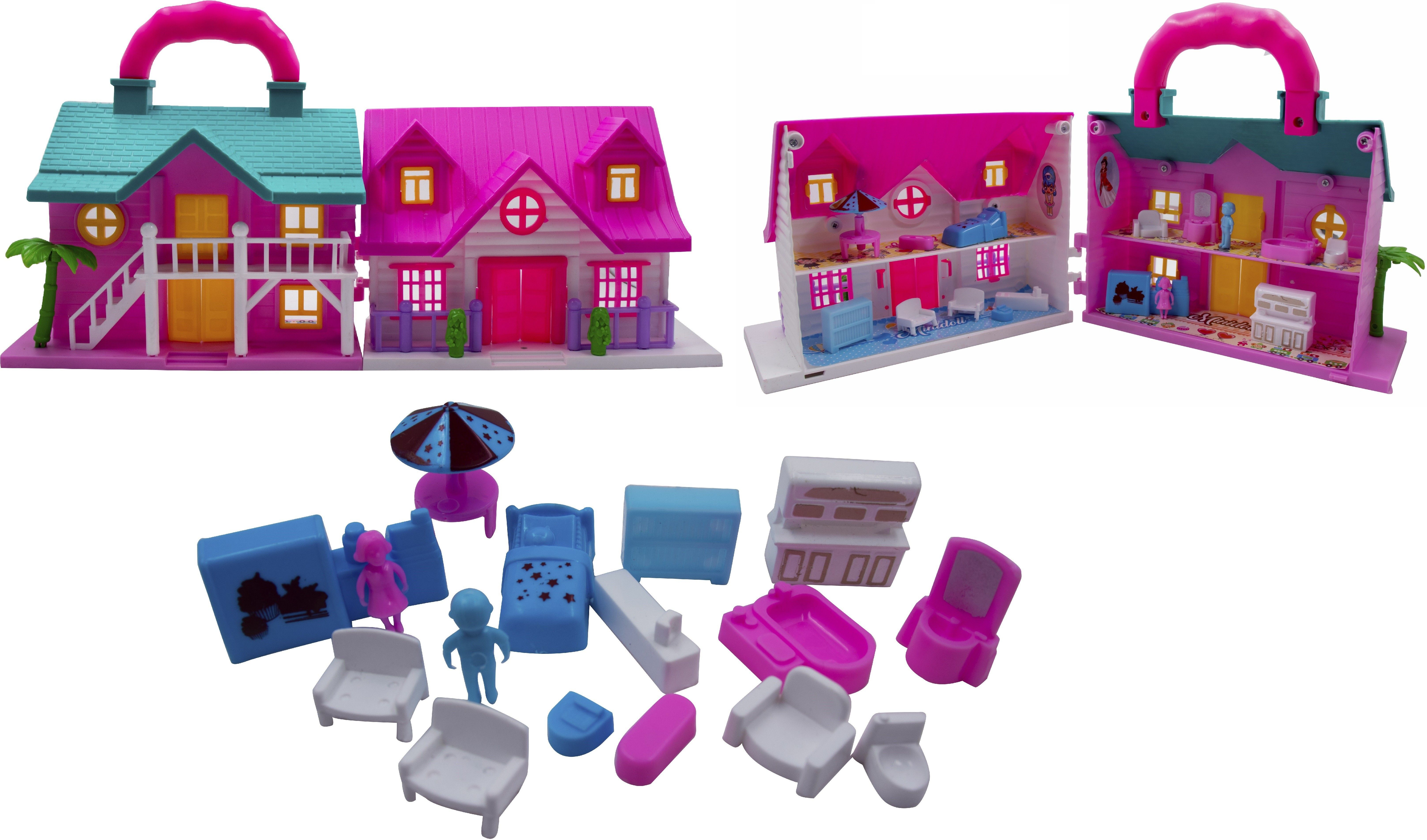 Portable Funny Girls Doll House Play Set | 19Pcs | 100% Non-Toxic BPA Free Plastic| Big Dream House Lovely Classic Shape N Design-image-1