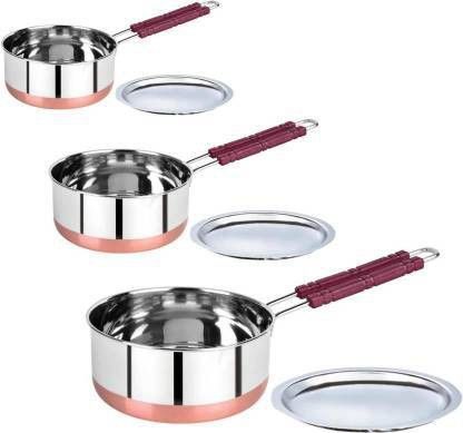 Stainless Steel Saucepan set with lid Copper Bottam Serving Set Sauce Pan Set,Milk pot,Patila,Bhagona,Water Boiler Pan, Sauce pot Sauce Pan 19 cm, 17 cm, 15.5 cm diameter with Lid 2 L, 1.5 L, 1 L capacity-image-45