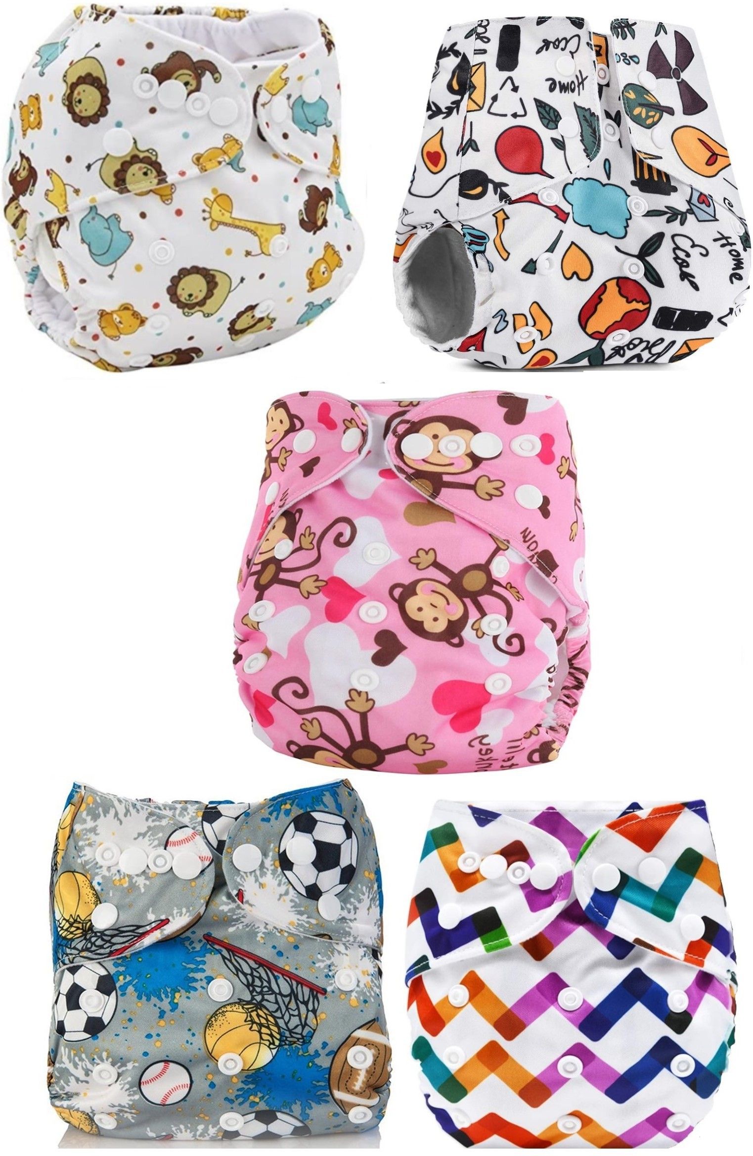 Printed Button Diaper Washable Baby Cloth Pocket Nappie Waterproof,Reusable, Adjustable Size for Infants(5 Diapers)-image-1