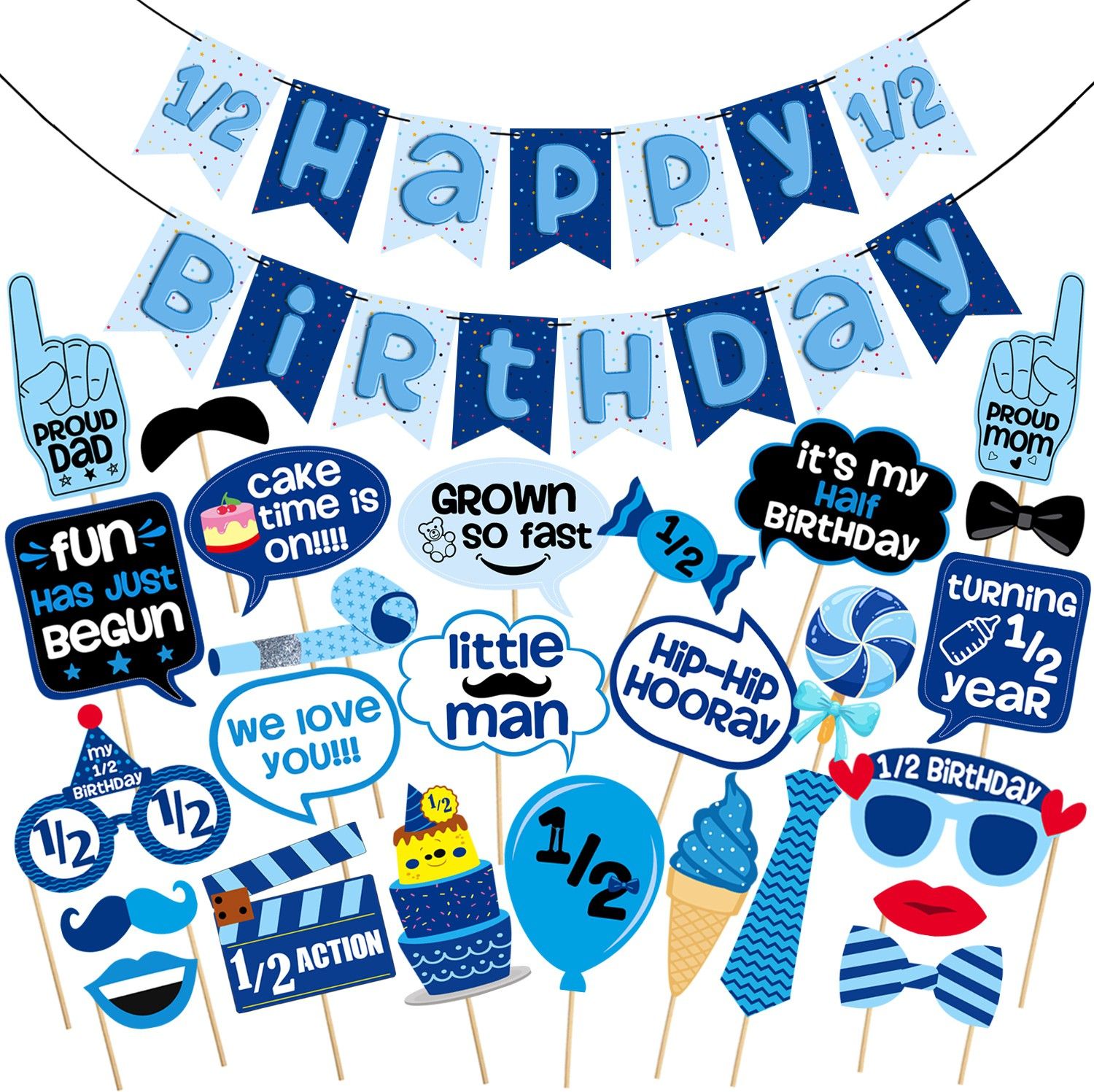 zyozi 1/2 Birthday Photo Booth Party Props Blue for Baby Boy with 1/2 Birthday Bunting Banner for Baby Boy in Blue,1/2 Birthday Decorations for Boys,Kids Birthday Party Decoration Items (BLUE)-picture-24