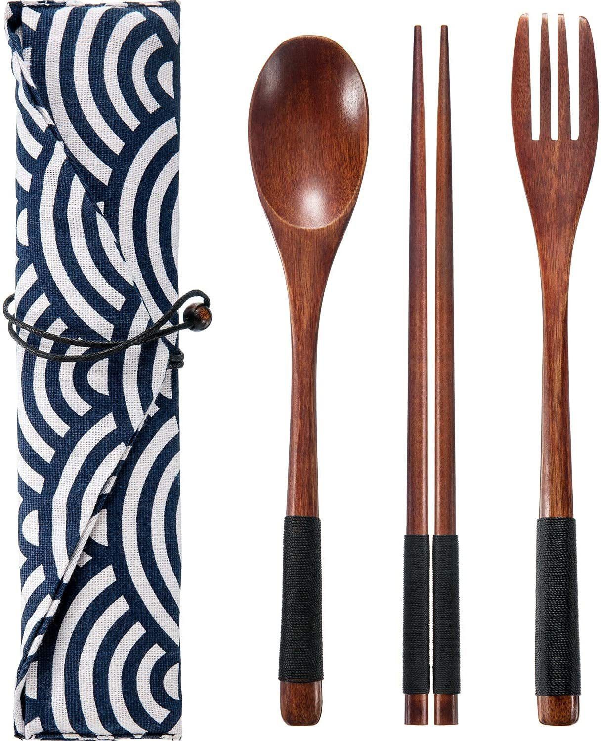 iktu Wooden Cutlery Set Portable, Reusable Wooden Bamboo Utensils Travel Cutlery Gift Set with Pouch, 3 Pcs Wooden Flatware Reusable Fork Spoon Chopsticks Set Black Threading Bamboo Cutlery Set-picture-15