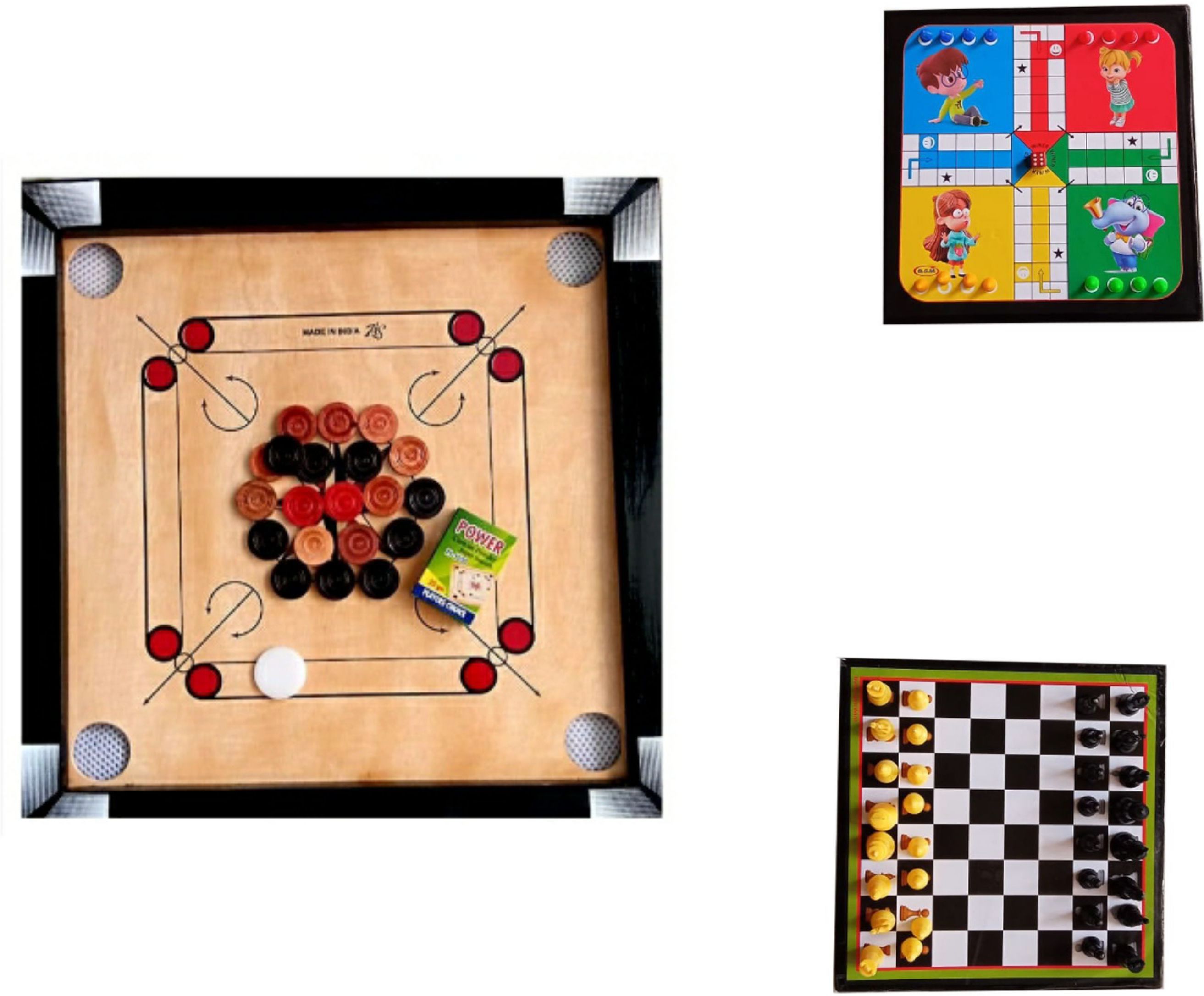 ras sports Carrom Board small size 20X20 with Ludo and Chess Board Combo pack. Board Game Accessories-picture-18