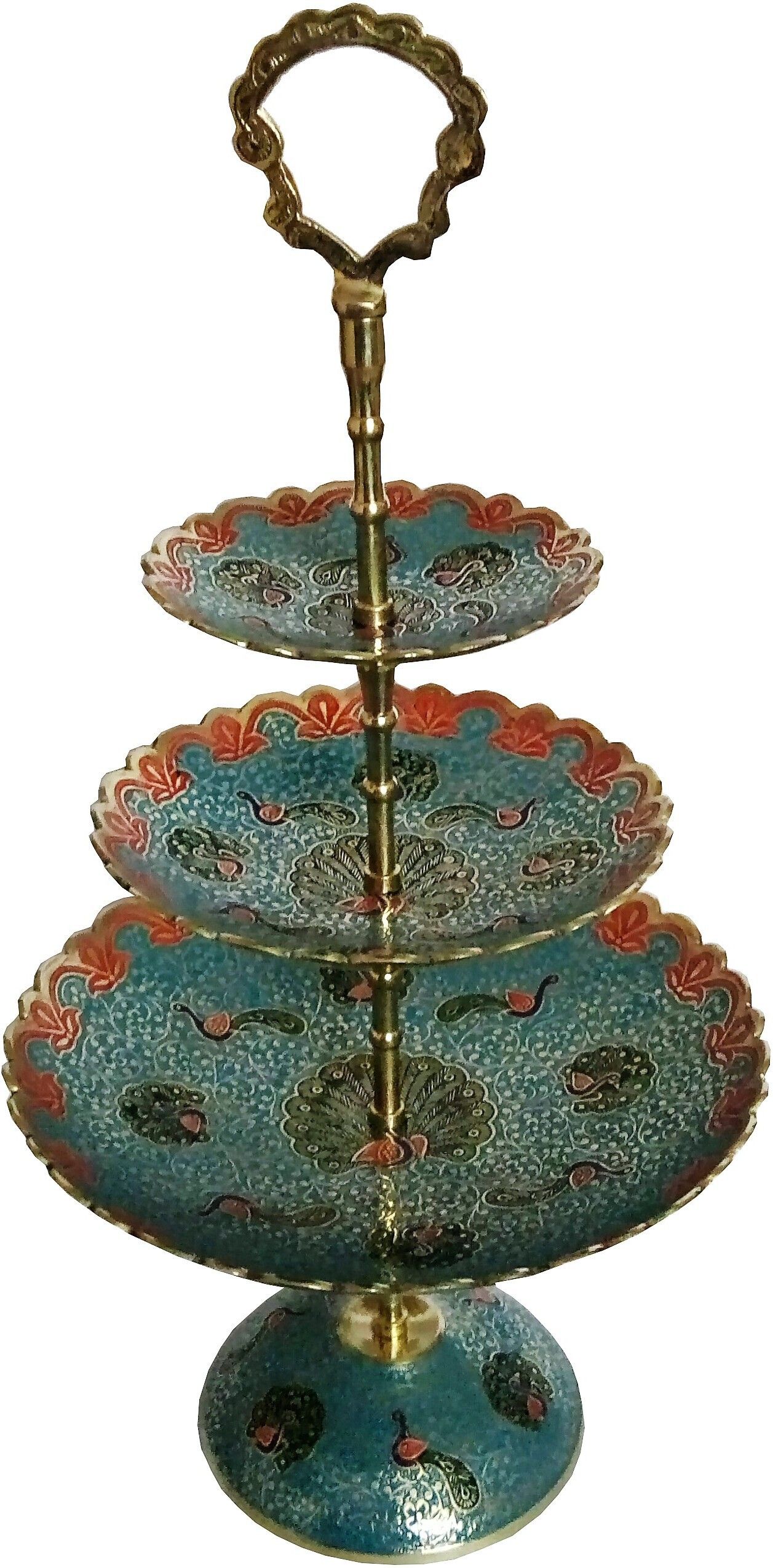deckorish Brass Hand Crafted 3 Tier Sky Blue Fruit Stand/Cake stand Brass Cake Server-picture-22